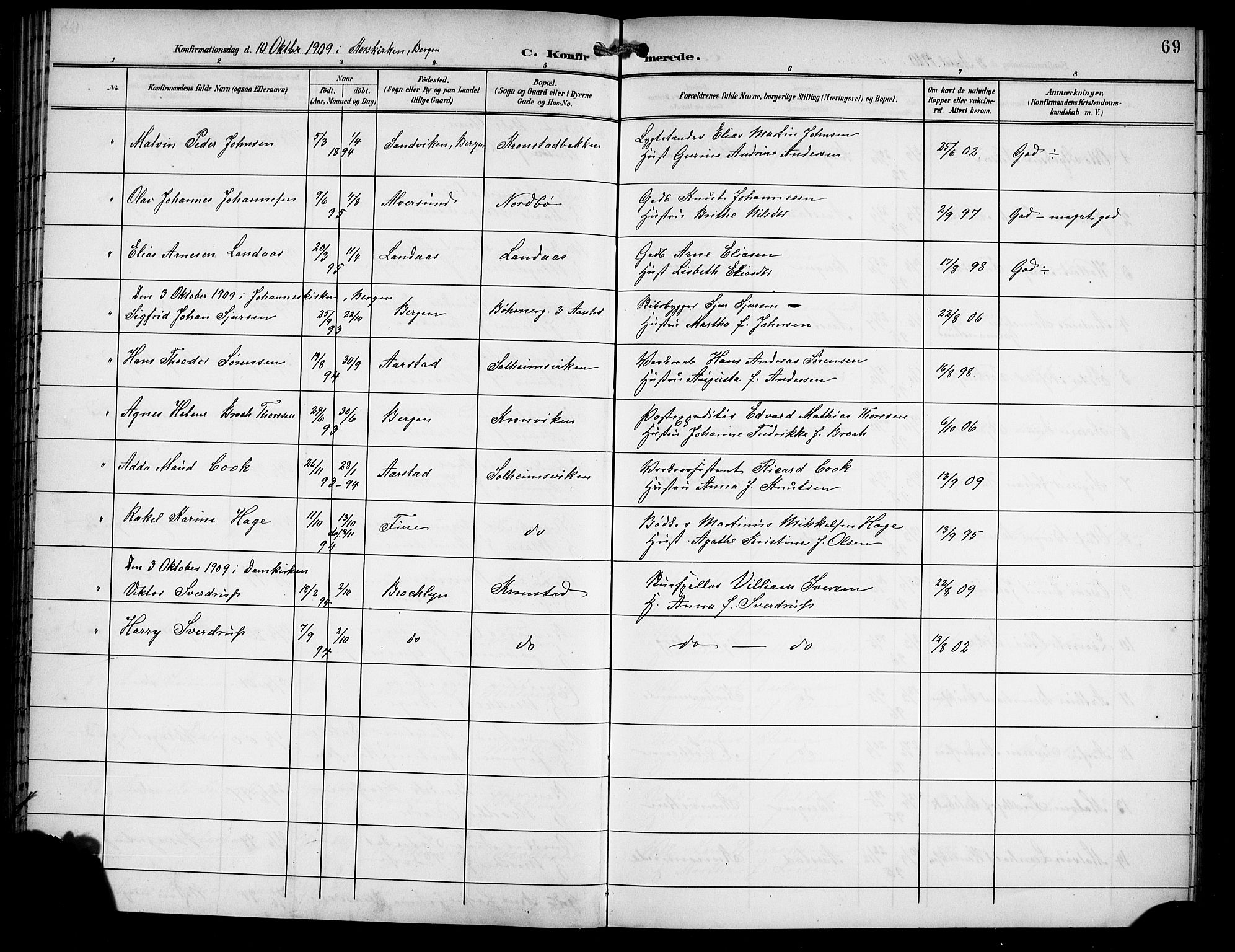 Årstad Sokneprestembete, AV/SAB-A-79301/H/Hab/L0012: Klokkerbok nr. B 2, 1901-1914, s. 69