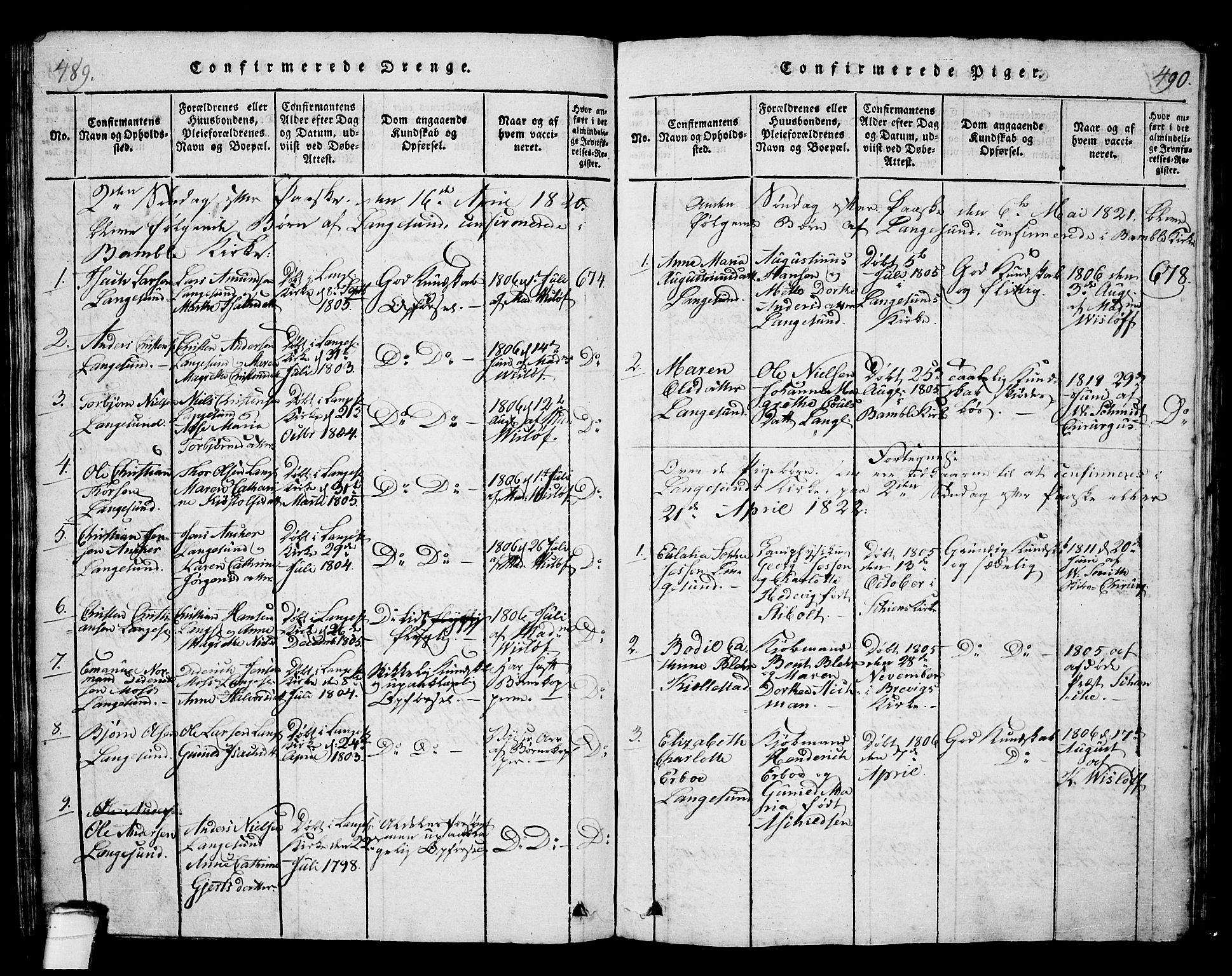 Langesund kirkebøker, AV/SAKO-A-280/G/Ga/L0003: Klokkerbok nr. 3, 1815-1858, s. 489-490