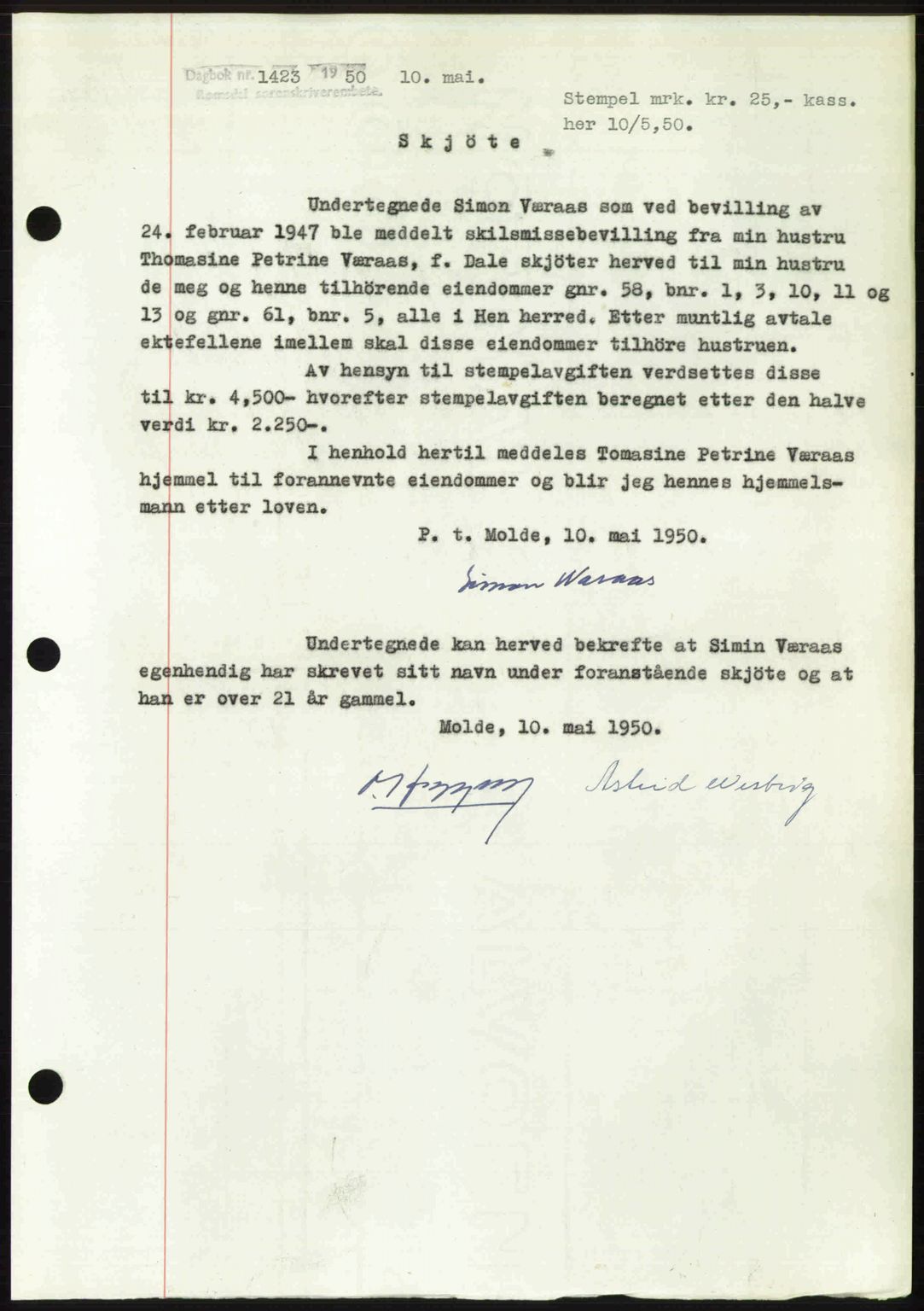 Romsdal sorenskriveri, SAT/A-4149/1/2/2C: Pantebok nr. A33, 1950-1950, Dagboknr: 1423/1950