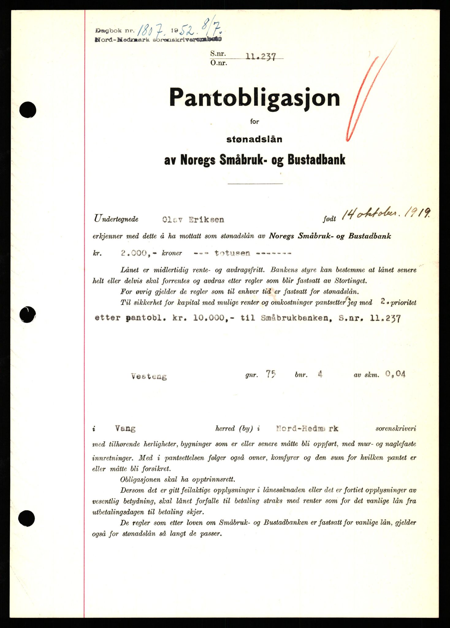 Nord-Hedmark sorenskriveri, SAH/TING-012/H/Hb/Hbf/L0025: Pantebok nr. B25, 1952-1952, Dagboknr: 1807/1952