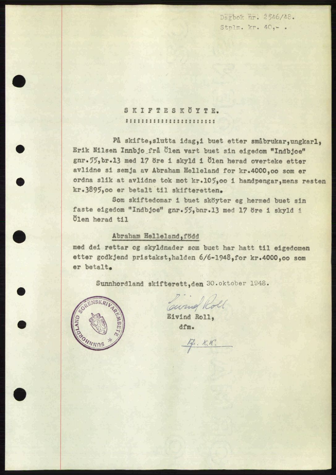 Sunnhordland sorenskrivar, AV/SAB-A-2401: Pantebok nr. A88, 1948-1949, Dagboknr: 2546/1948