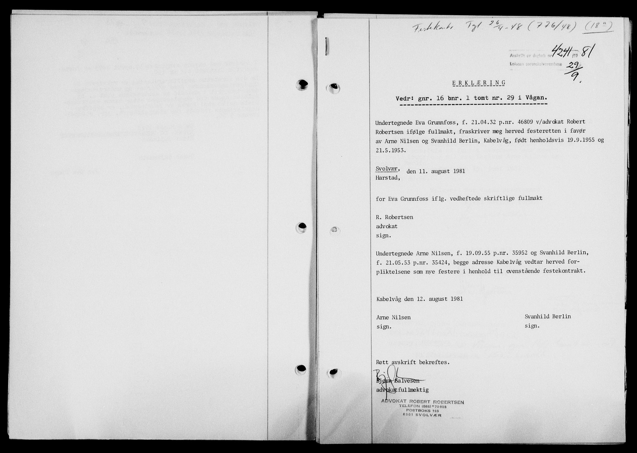 Lofoten sorenskriveri, SAT/A-0017/1/2/2C/L0018a: Pantebok nr. 18a, 1948-1948, Dagboknr: 4241/1948