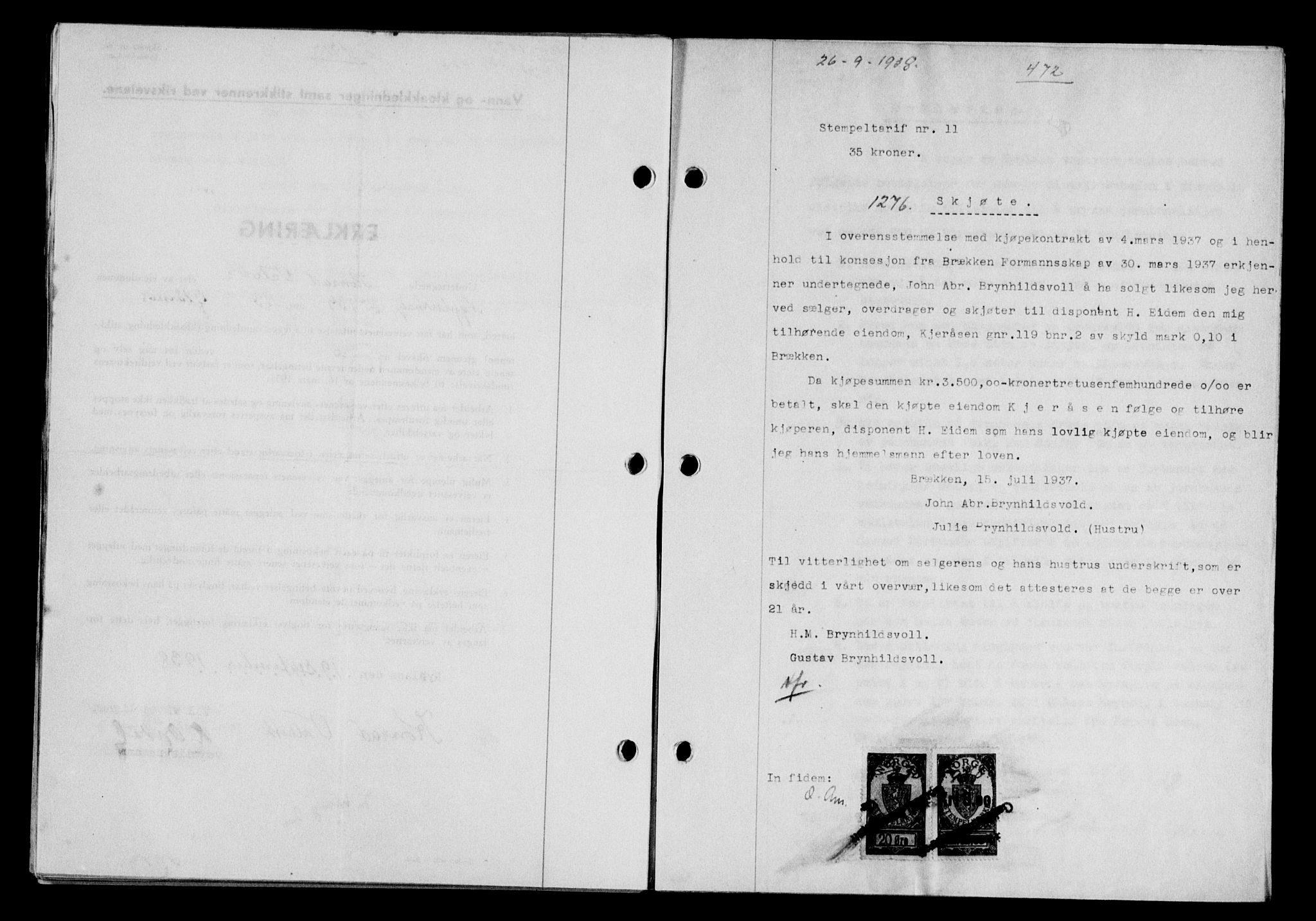 Gauldal sorenskriveri, SAT/A-0014/1/2/2C/L0049: Pantebok nr. 53, 1938-1938, Dagboknr: 1276/1938