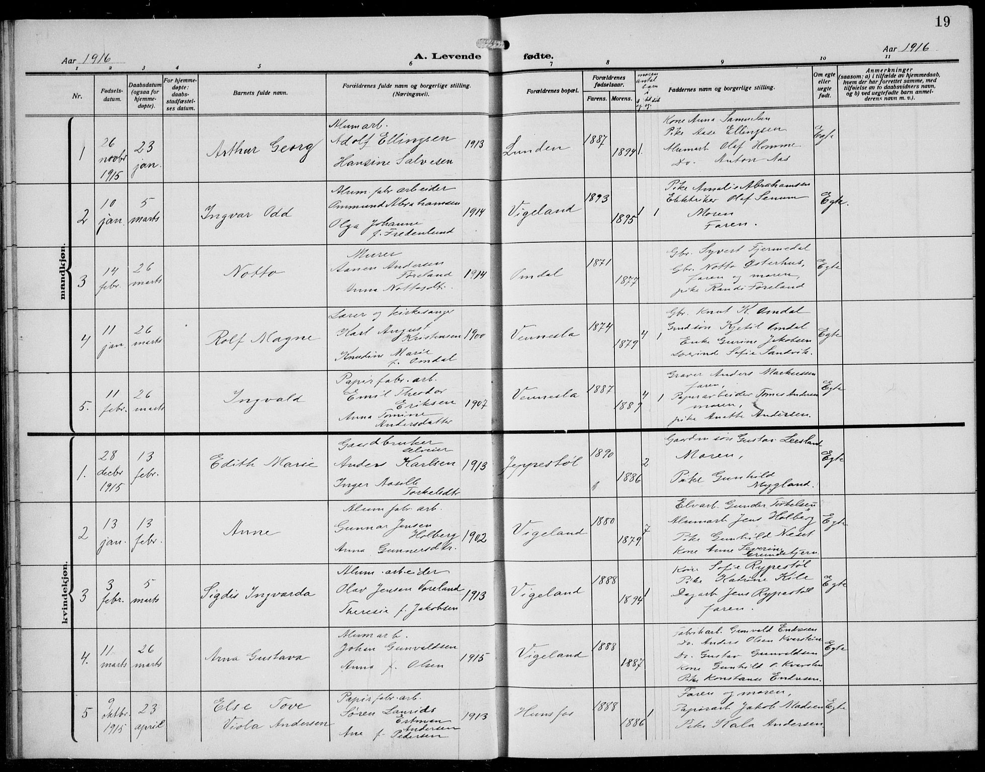 Vennesla sokneprestkontor, AV/SAK-1111-0045/Fb/Fbb/L0006: Klokkerbok nr. B 6, 1914-1921, s. 19