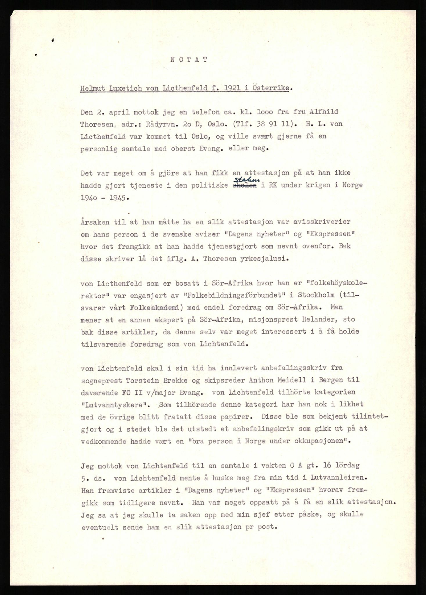 Forsvaret, Forsvarets overkommando II, AV/RA-RAFA-3915/D/Db/L0039: CI Questionaires. Tyske okkupasjonsstyrker i Norge. Østerrikere., 1945-1946, s. 306