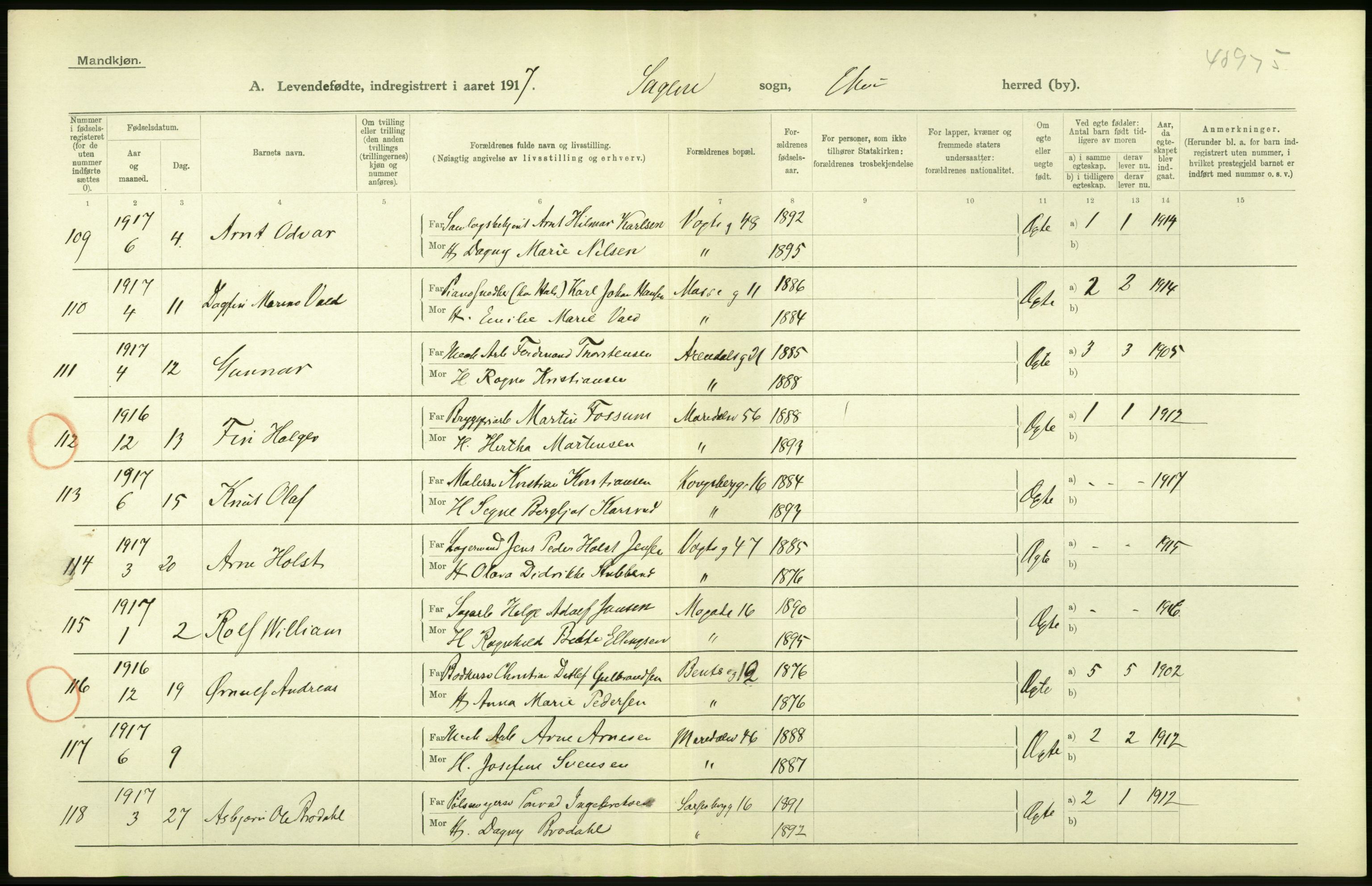 Statistisk sentralbyrå, Sosiodemografiske emner, Befolkning, AV/RA-S-2228/D/Df/Dfb/Dfbg/L0007: Kristiania: Levendefødte menn og kvinner., 1917, s. 108