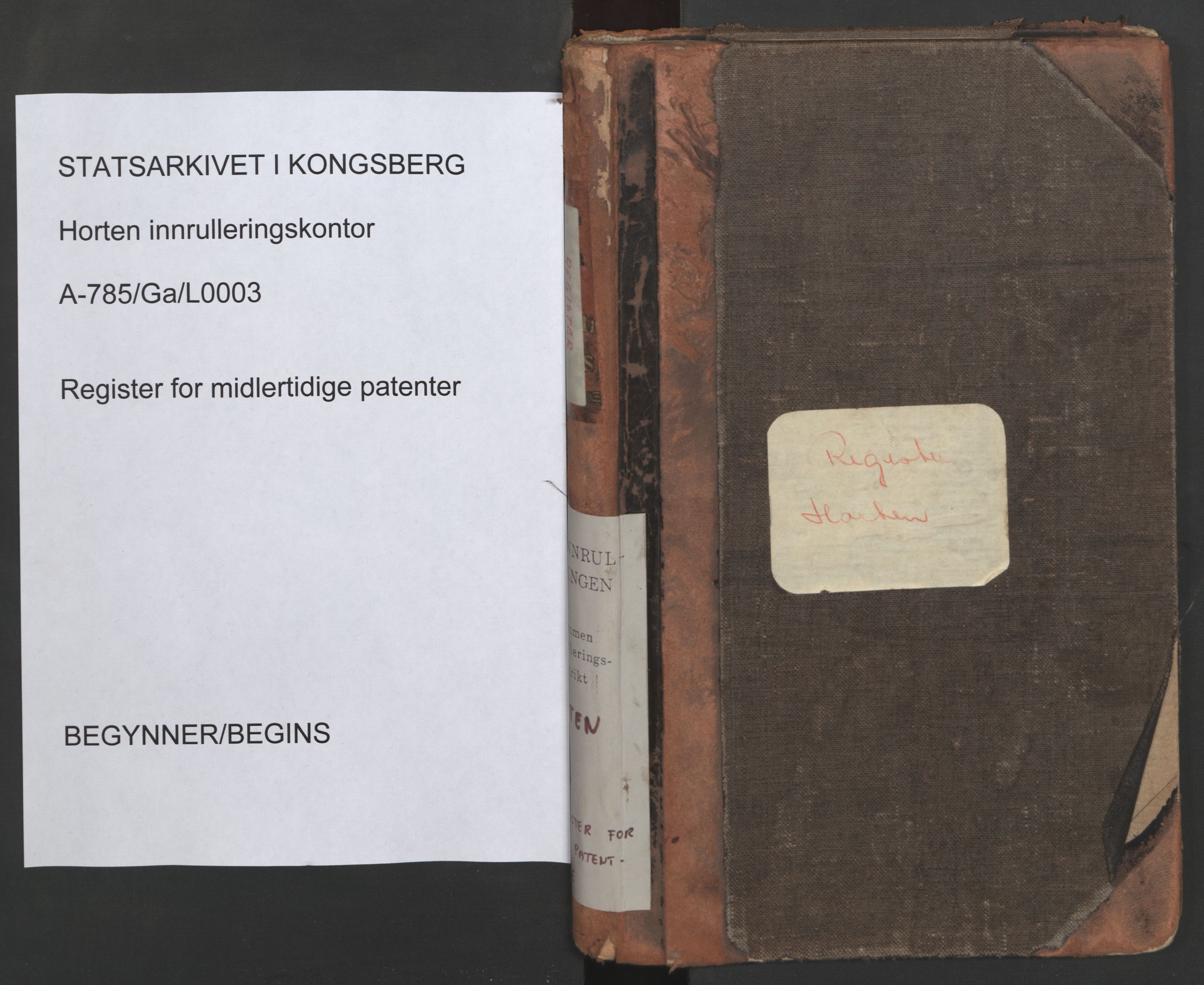 Horten innrulleringskontor, SAKO/A-785/G/Ga/L0003: Register for midlertidige patenter, 1860-1948, s. 1