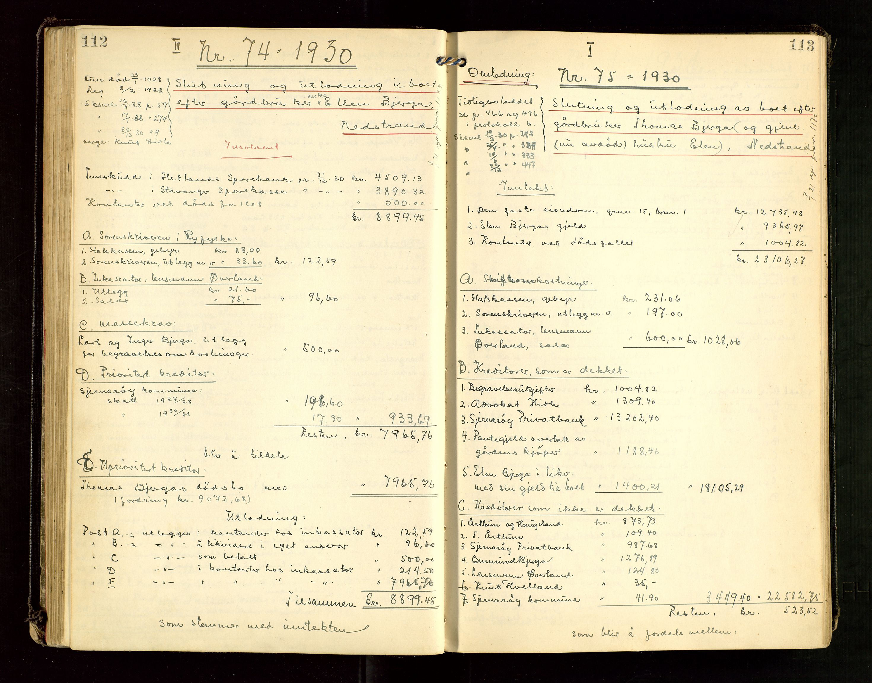 Ryfylke tingrett, AV/SAST-A-100055/001/IV/IVG/L0007: Skifteutlodningsprotokoll Med register, 1929-1933, s. 112-113