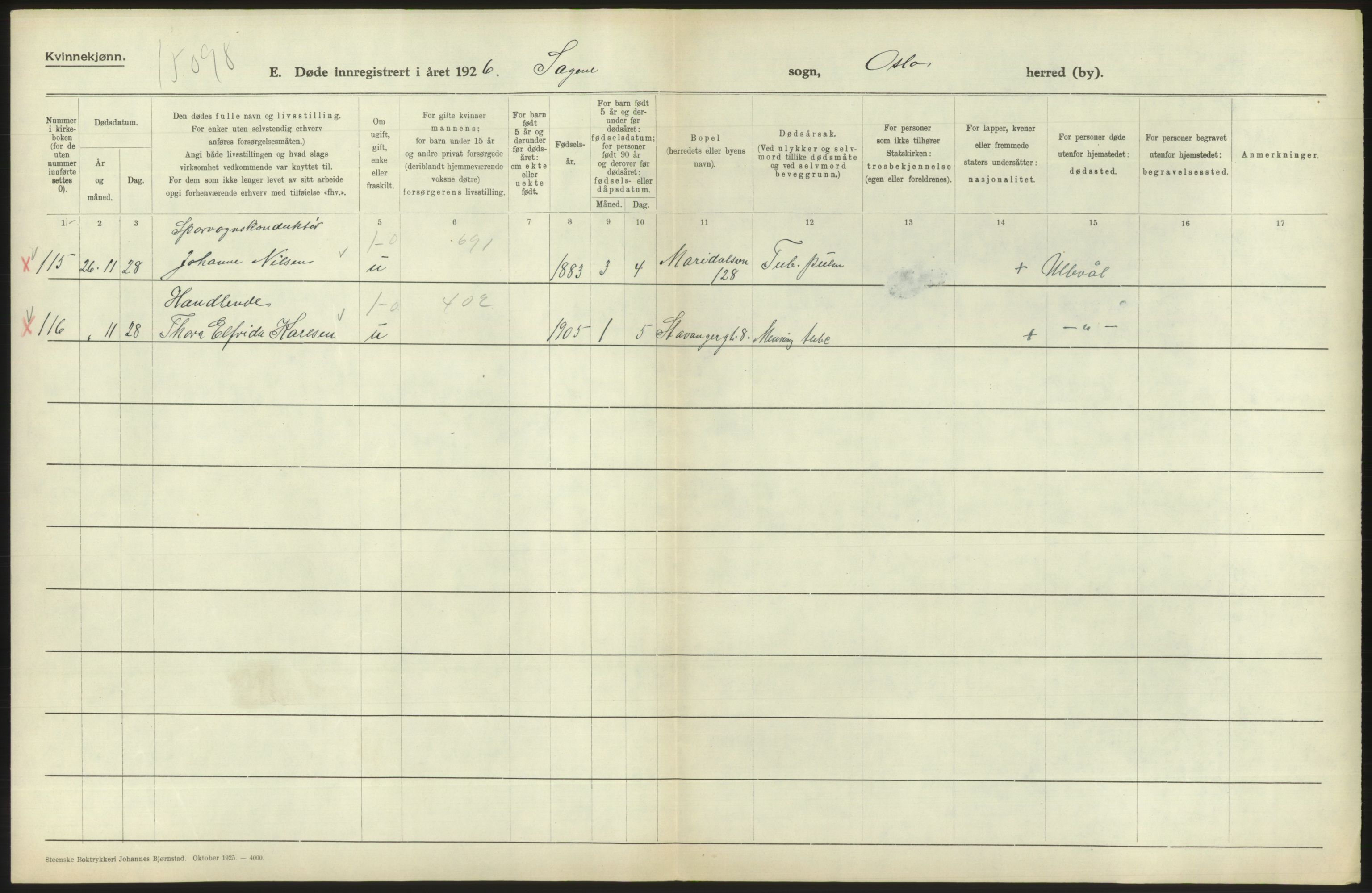 Statistisk sentralbyrå, Sosiodemografiske emner, Befolkning, AV/RA-S-2228/D/Df/Dfc/Dfcf/L0010: Oslo: Døde kvinner, dødfødte, 1926, s. 396