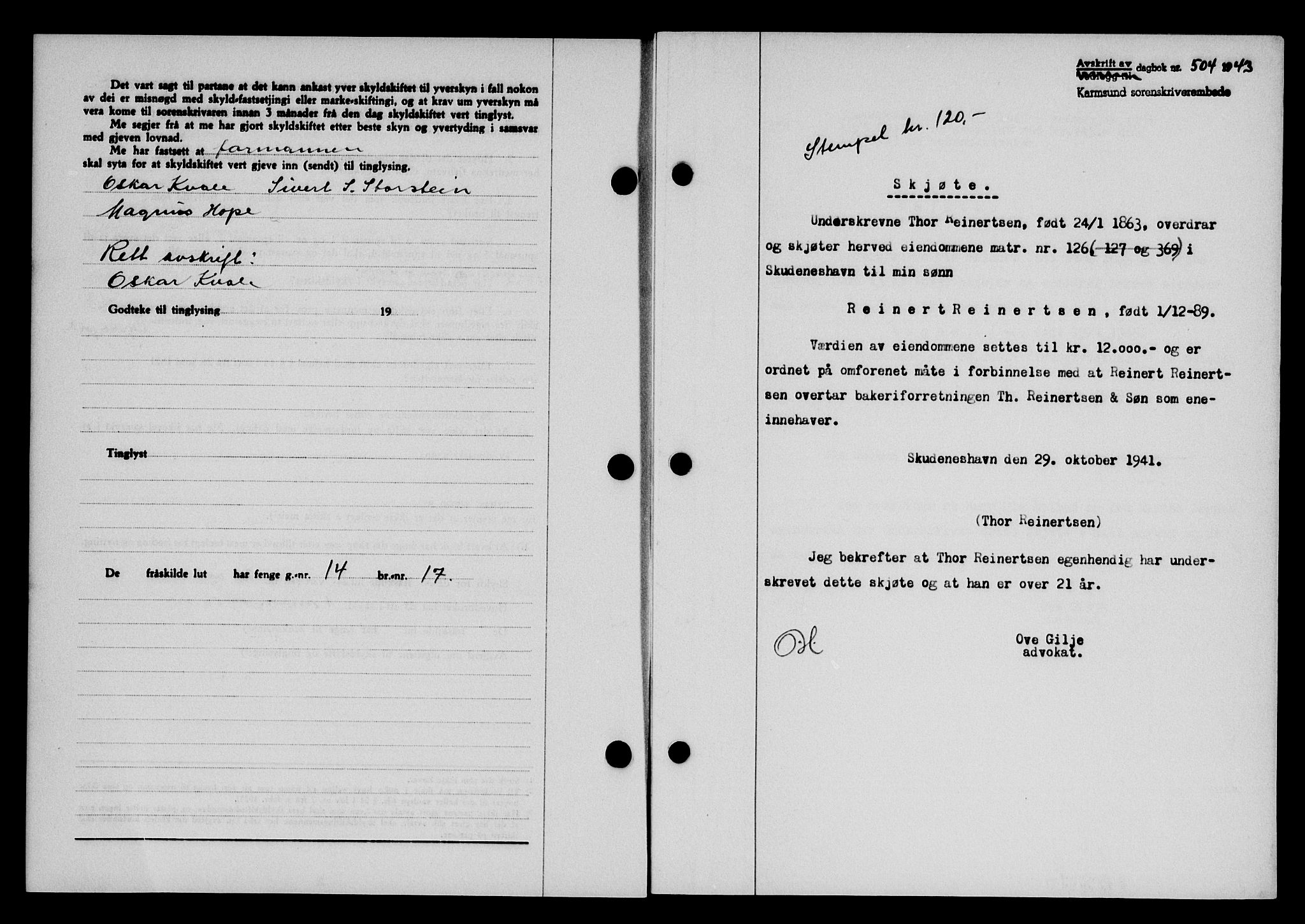 Karmsund sorenskriveri, SAST/A-100311/01/II/IIB/L0079: Pantebok nr. 60A, 1942-1943, Dagboknr: 504/1943