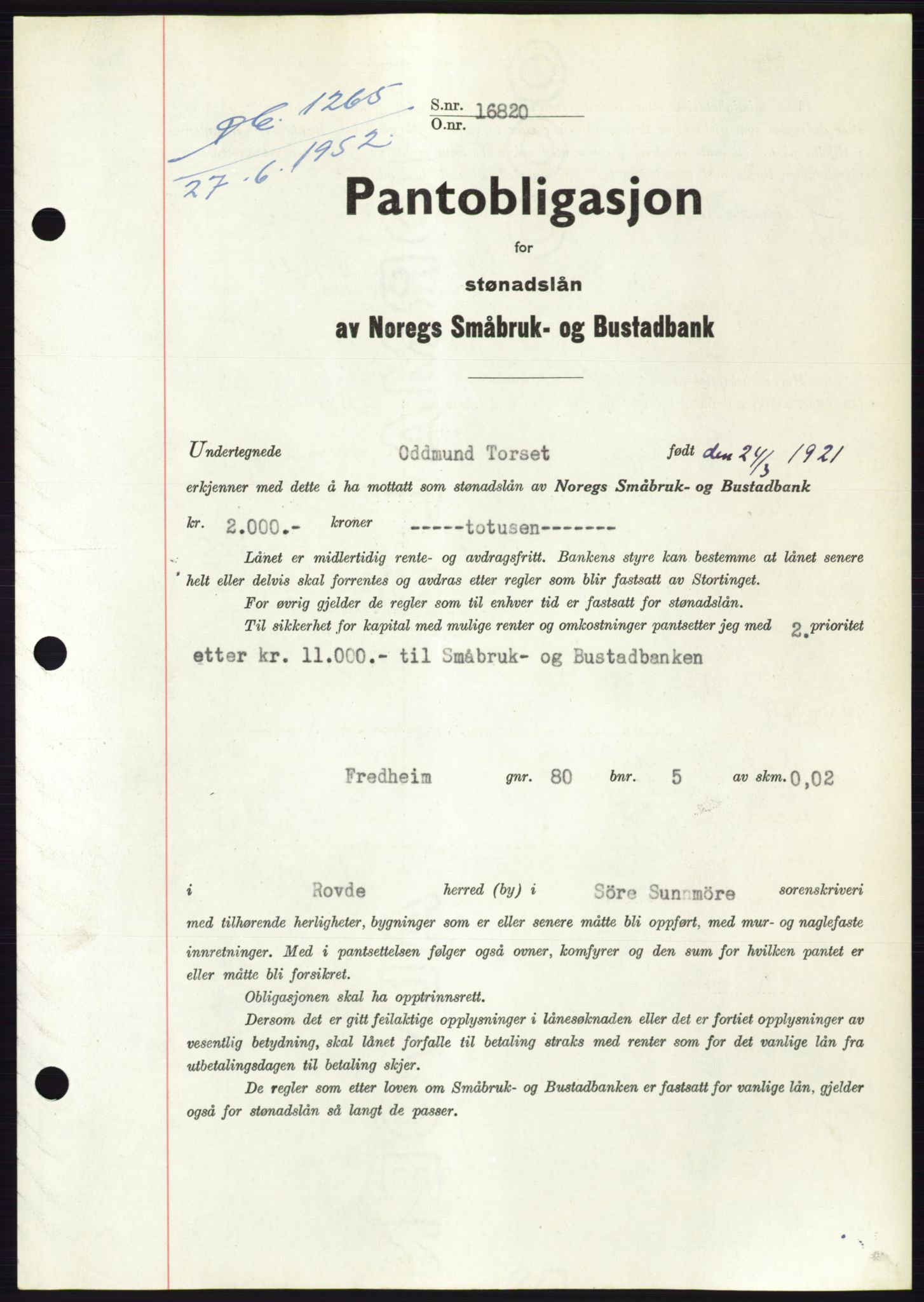 Søre Sunnmøre sorenskriveri, AV/SAT-A-4122/1/2/2C/L0121: Pantebok nr. 9B, 1951-1952, Dagboknr: 1265/1952