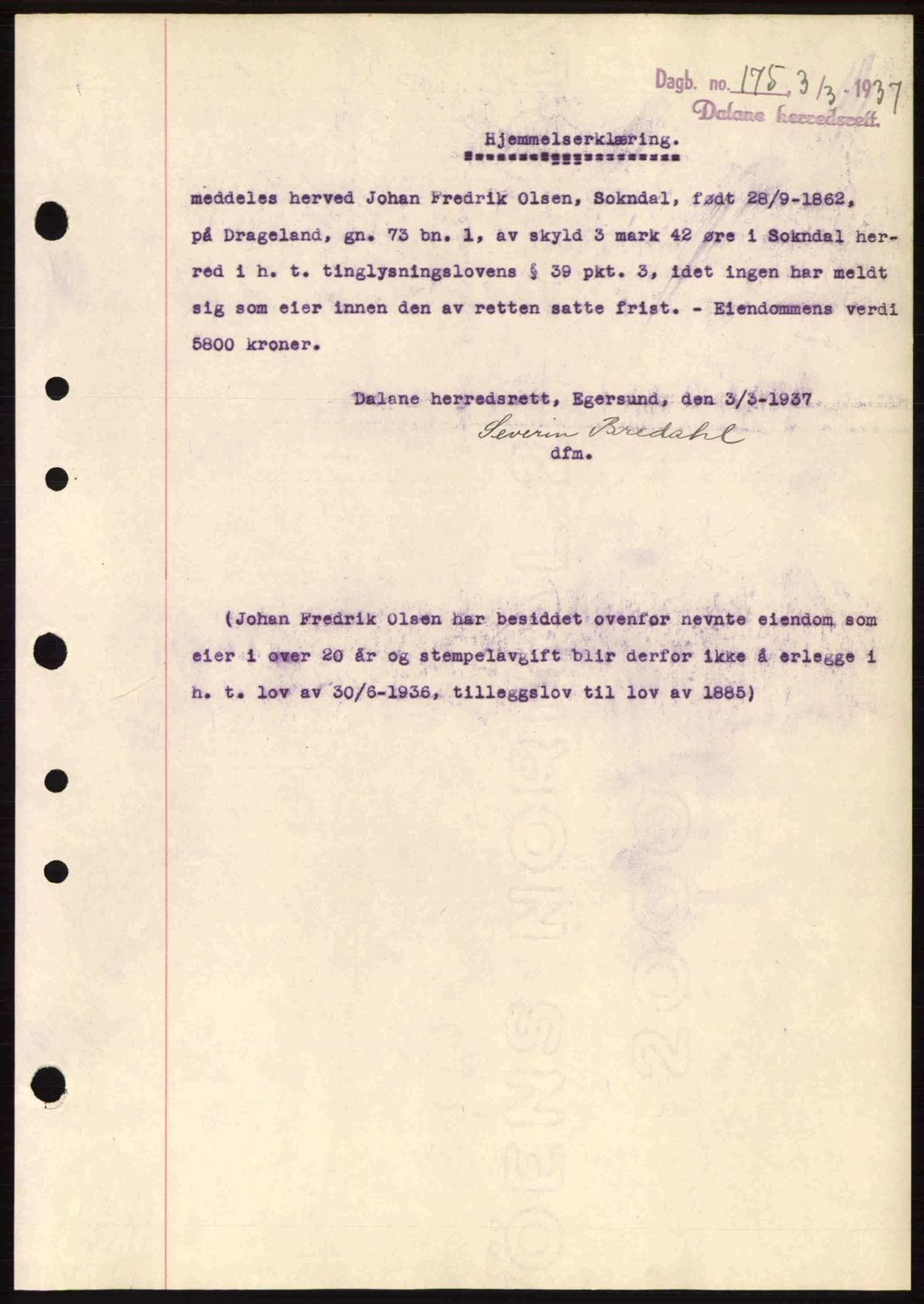 Dalane sorenskriveri, SAST/A-100309/02/G/Gb/L0041: Pantebok nr. A2, 1936-1937, Dagboknr: 175/1937