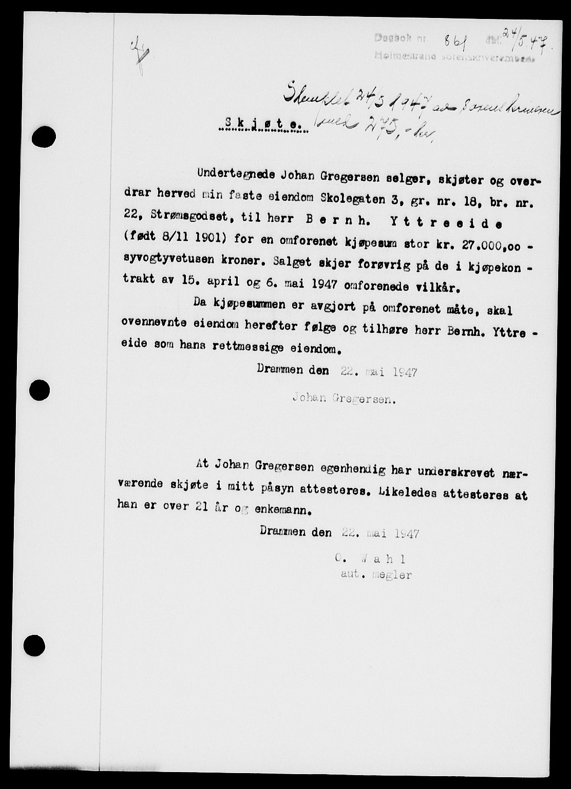 Holmestrand sorenskriveri, SAKO/A-67/G/Ga/Gaa/L0062: Pantebok nr. A-62, 1947-1947, Dagboknr: 861/1947