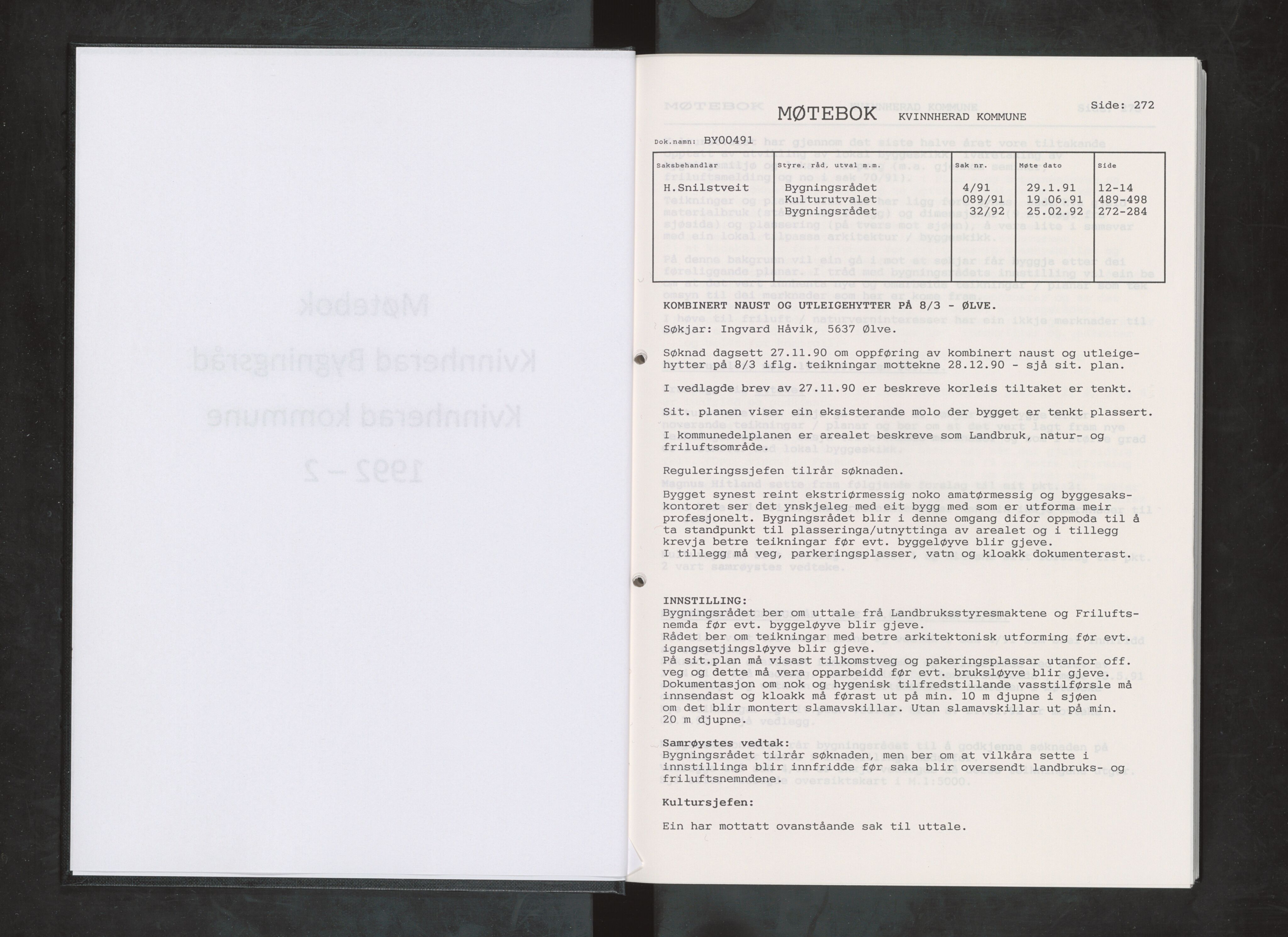 Kvinnherad kommune. Bygningsrådet , IKAH/1224-511/A/Aa/L0078: Møtebok for Kvinnherad bygningsråd, 1992