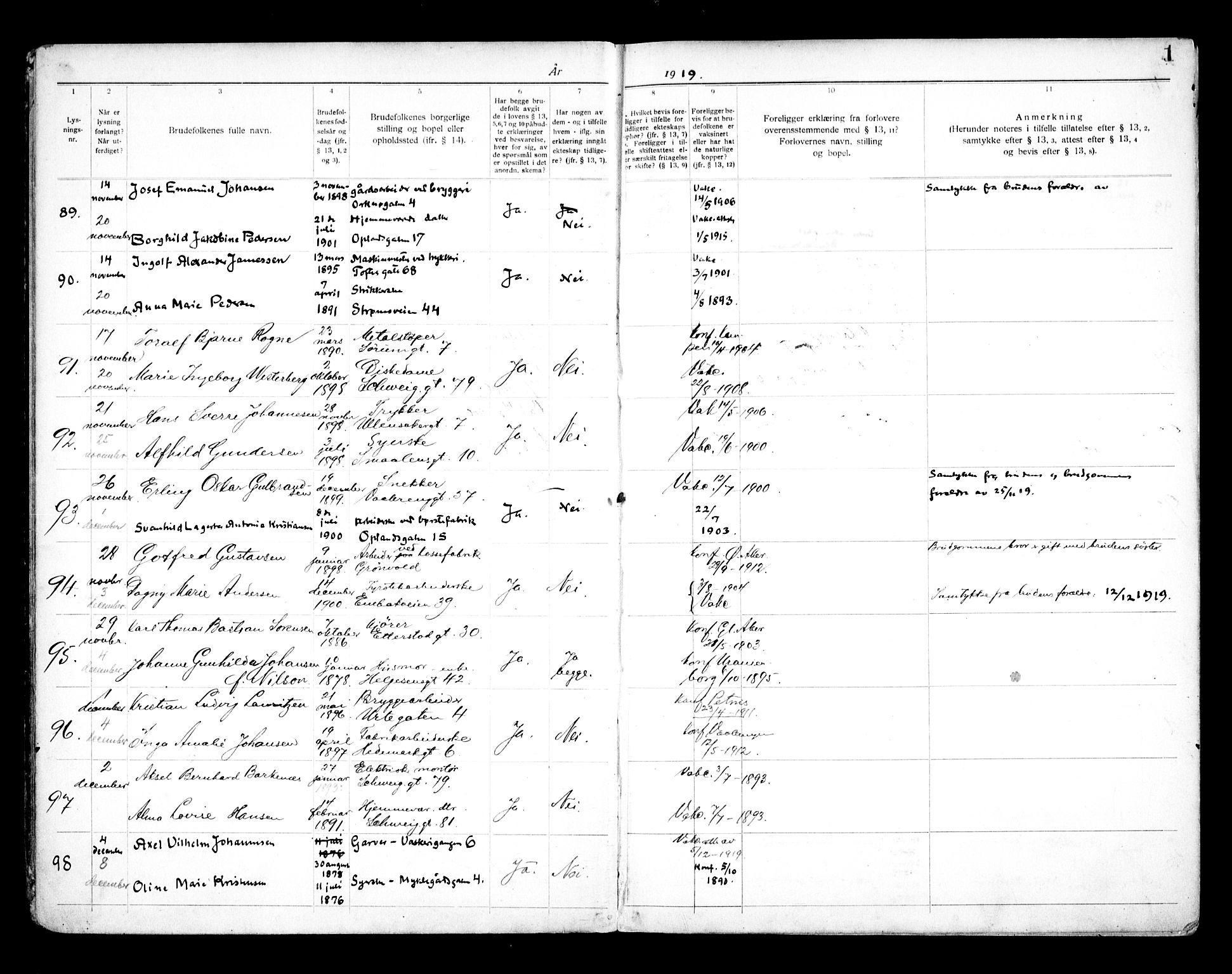 Vålerengen prestekontor Kirkebøker, AV/SAO-A-10878/H/Ha/L0003: Lysningsprotokoll nr. 3, 1919-1932, s. 1