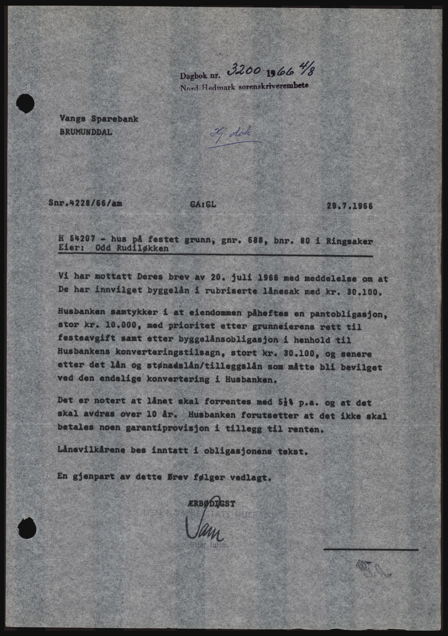 Nord-Hedmark sorenskriveri, SAH/TING-012/H/Hc/L0024: Pantebok nr. 24, 1966-1966, Dagboknr: 3200/1966