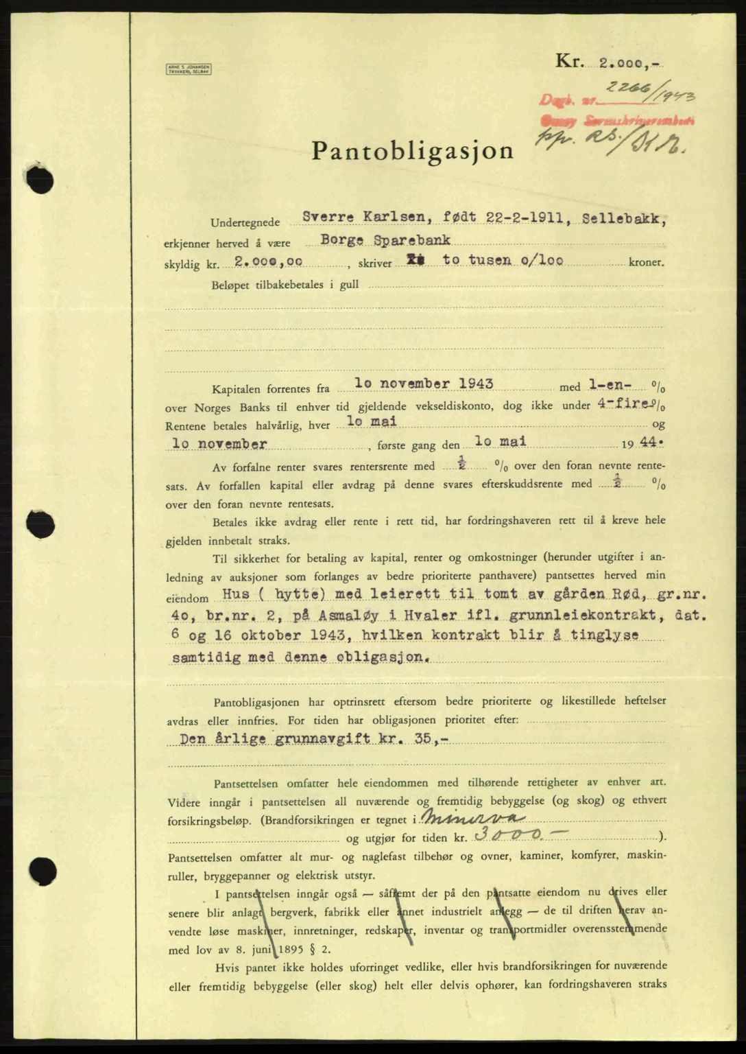 Onsøy sorenskriveri, SAO/A-10474/G/Ga/Gac/L0003: Pantebok nr. B3, 1940-1944, Dagboknr: 2266/1943