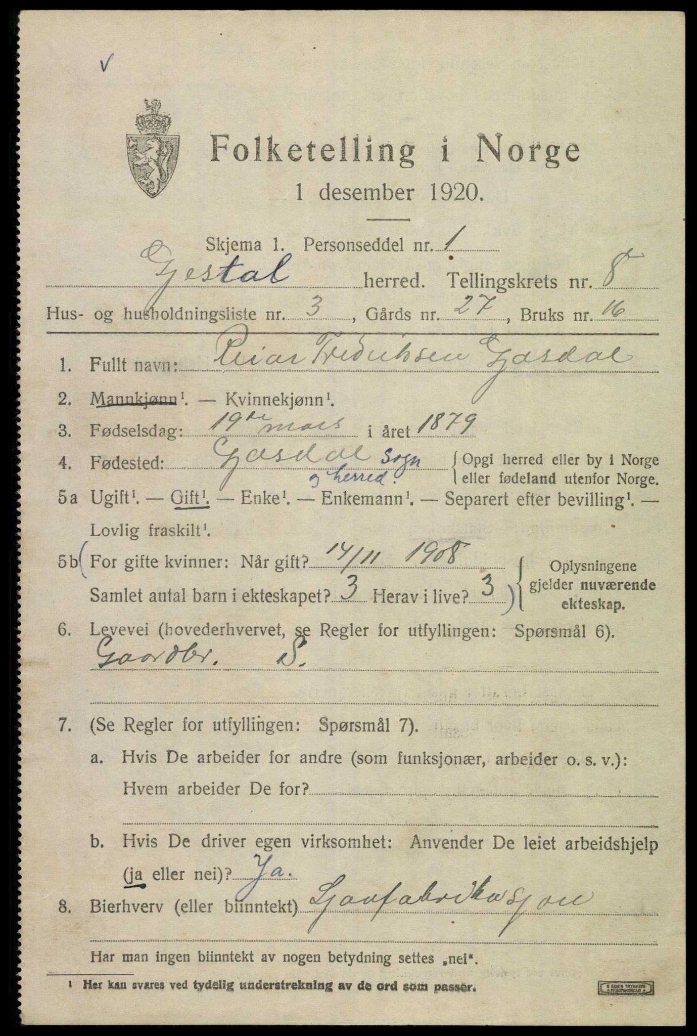 SAST, Folketelling 1920 for 1122 Gjesdal herred, 1920, s. 3778