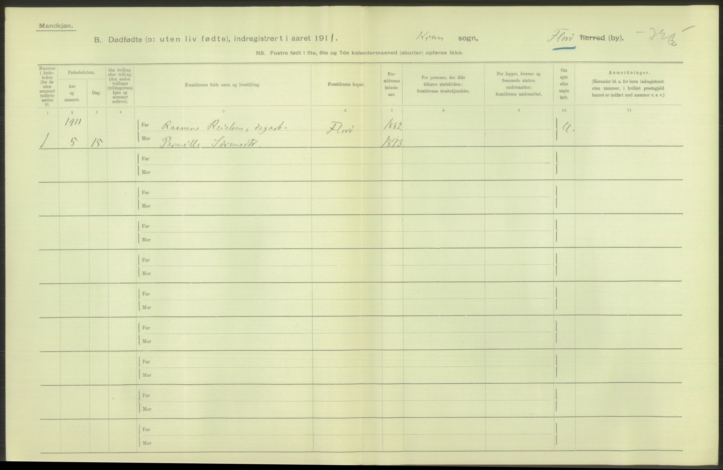 Statistisk sentralbyrå, Sosiodemografiske emner, Befolkning, AV/RA-S-2228/D/Df/Dfb/Dfba/L0035: Florø by:  Levendefødte menn og kvinner, gifte, døde, dødfødte., 1911, s. 22