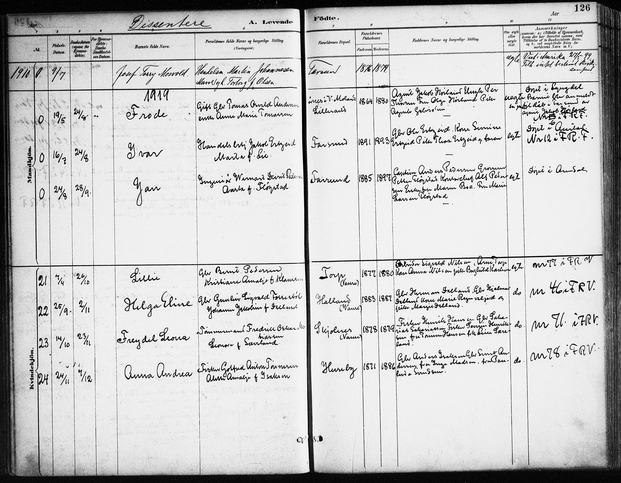 Farsund sokneprestkontor, AV/SAK-1111-0009/F/Fa/L0006: Ministerialbok nr. A 6, 1887-1920, s. 126