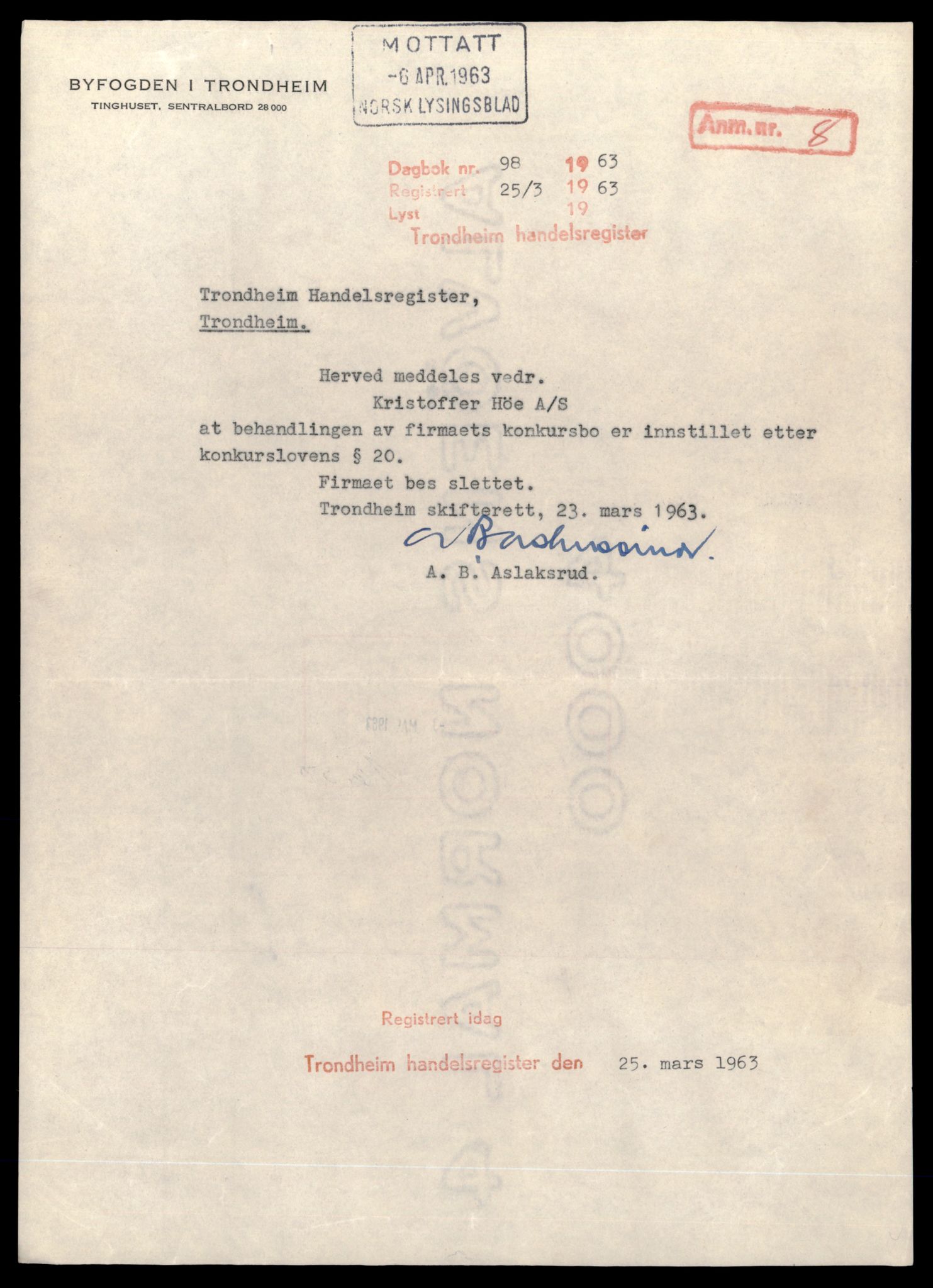 Trondheim byfogd, AV/SAT-A-0003/2/J/Jd/Jdb/L0005: Aksjeselskap, Hø-Ko, 1960-1964, s. 3