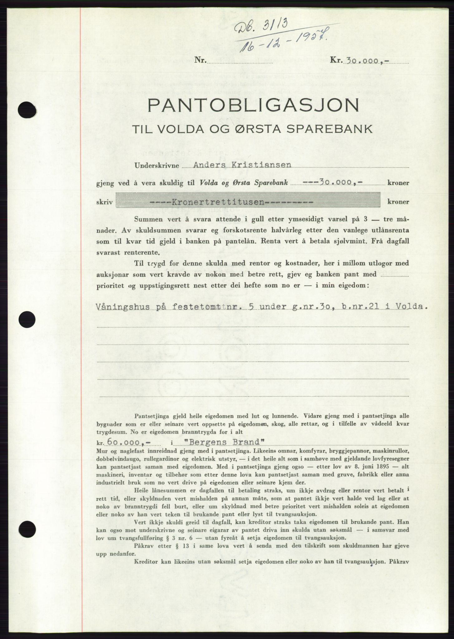 Søre Sunnmøre sorenskriveri, AV/SAT-A-4122/1/2/2C/L0130: Pantebok nr. 18B, 1957-1958, Dagboknr: 3113/1957