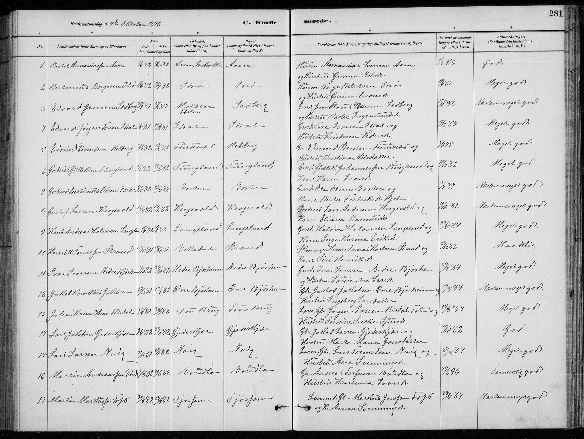 Strand sokneprestkontor, AV/SAST-A-101828/H/Ha/Hab/L0004: Klokkerbok nr. B 4, 1878-1903, s. 281