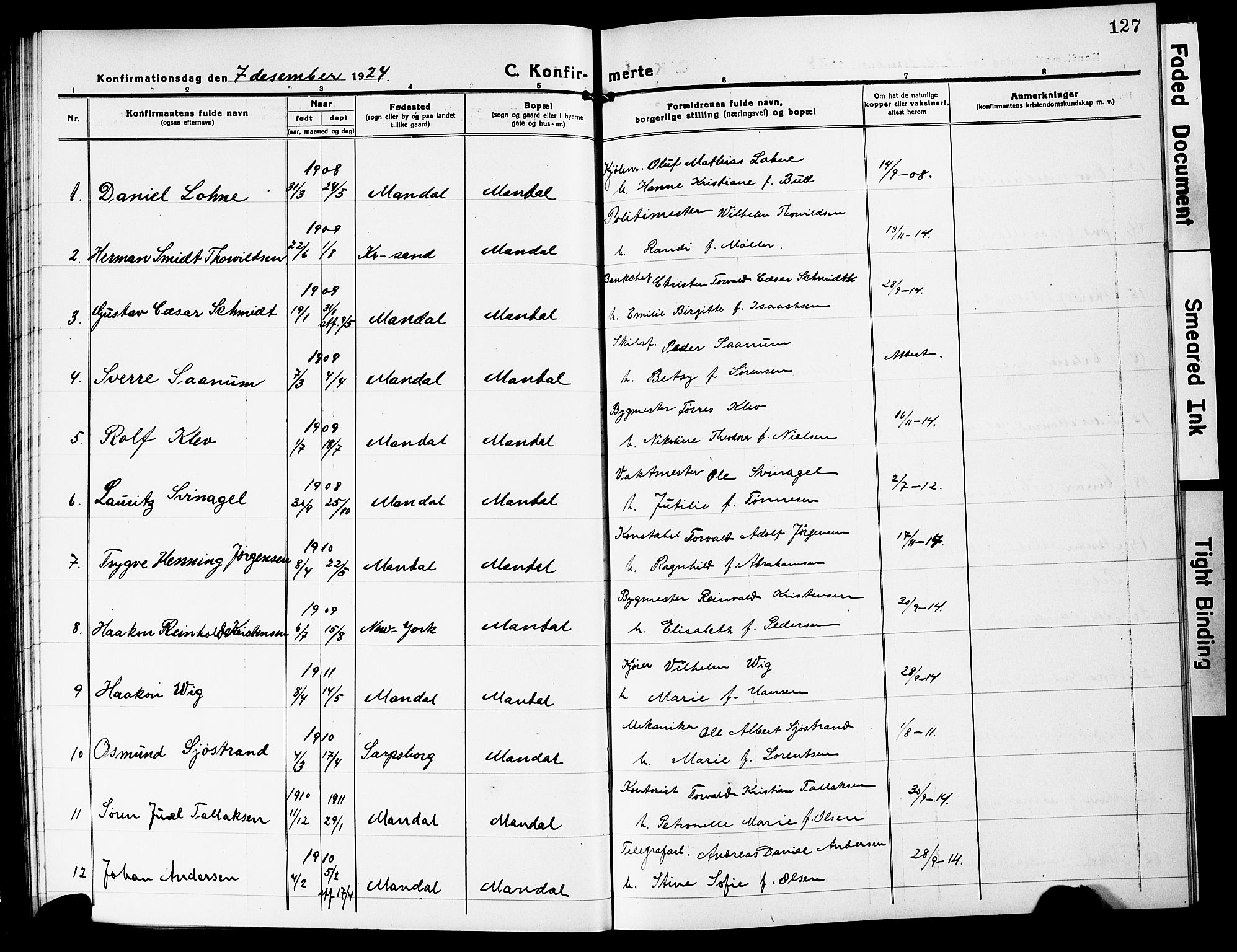 Mandal sokneprestkontor, AV/SAK-1111-0030/F/Fb/Fbc/L0001: Klokkerbok nr. B 1, 1918-1931, s. 127