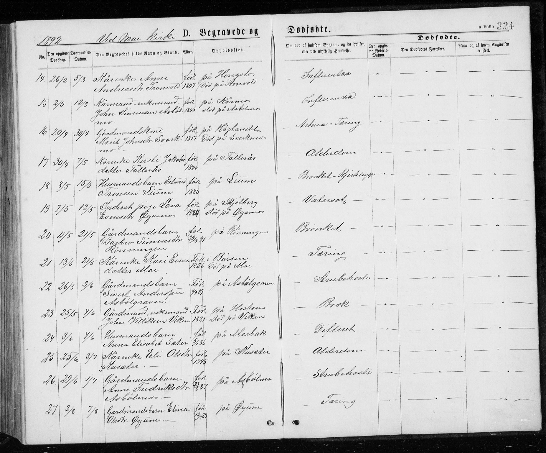 Ministerialprotokoller, klokkerbøker og fødselsregistre - Sør-Trøndelag, AV/SAT-A-1456/671/L0843: Klokkerbok nr. 671C02, 1873-1892, s. 324