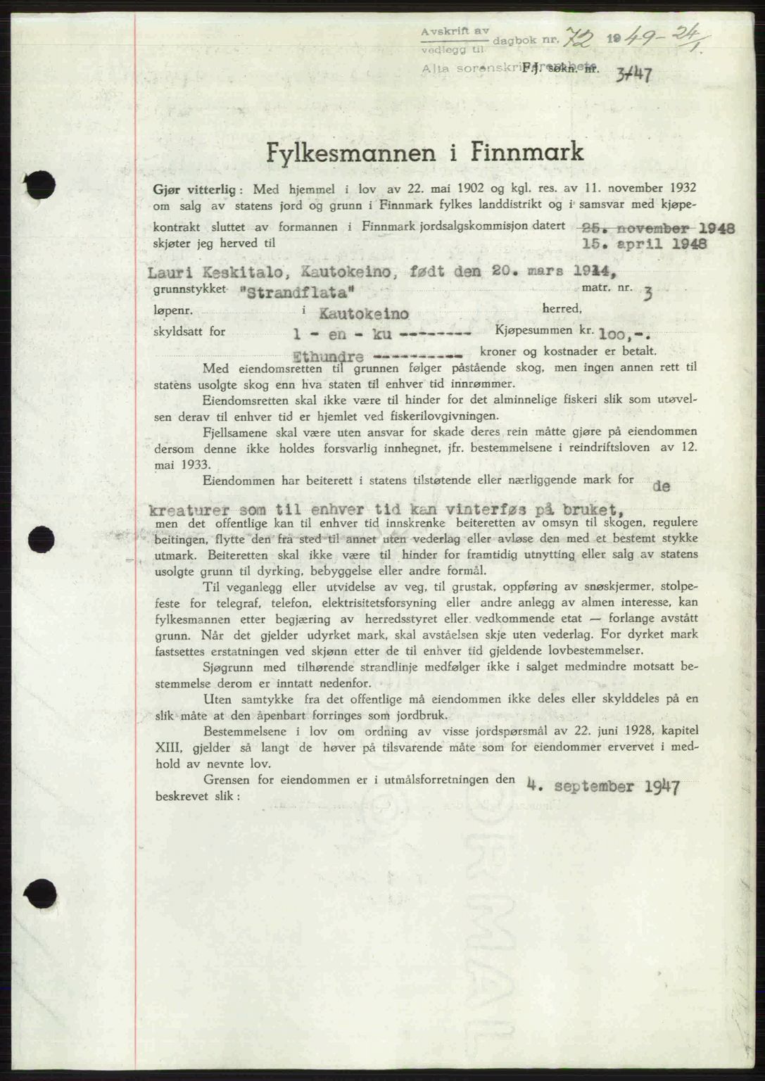 Alta fogderi/sorenskriveri, SATØ/SATØ-5/1/K/Kd/L0037pantebok: Pantebok nr. 39-40, 1948-1949, Dagboknr: 72/1949