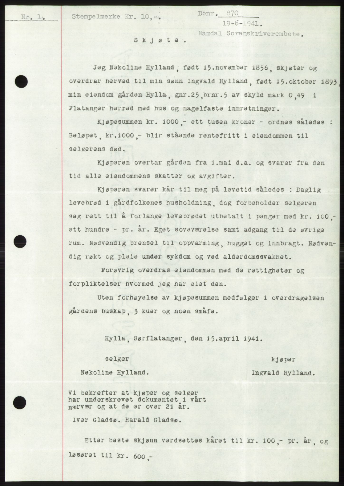 Namdal sorenskriveri, SAT/A-4133/1/2/2C: Pantebok nr. -, 1940-1941, Tingl.dato: 19.06.1941