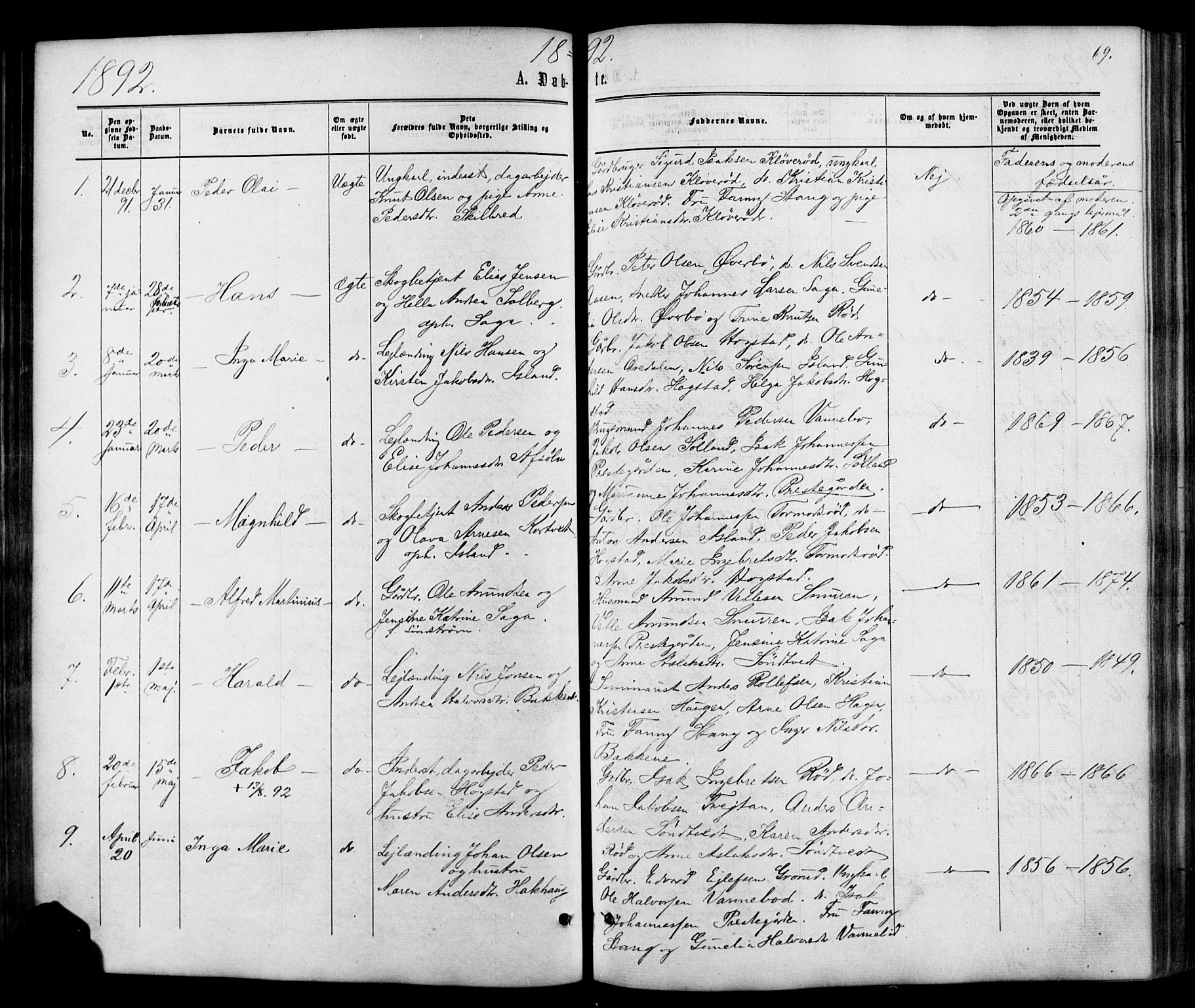 Siljan kirkebøker, AV/SAKO-A-300/G/Ga/L0002: Klokkerbok nr. 2, 1864-1908, s. 69
