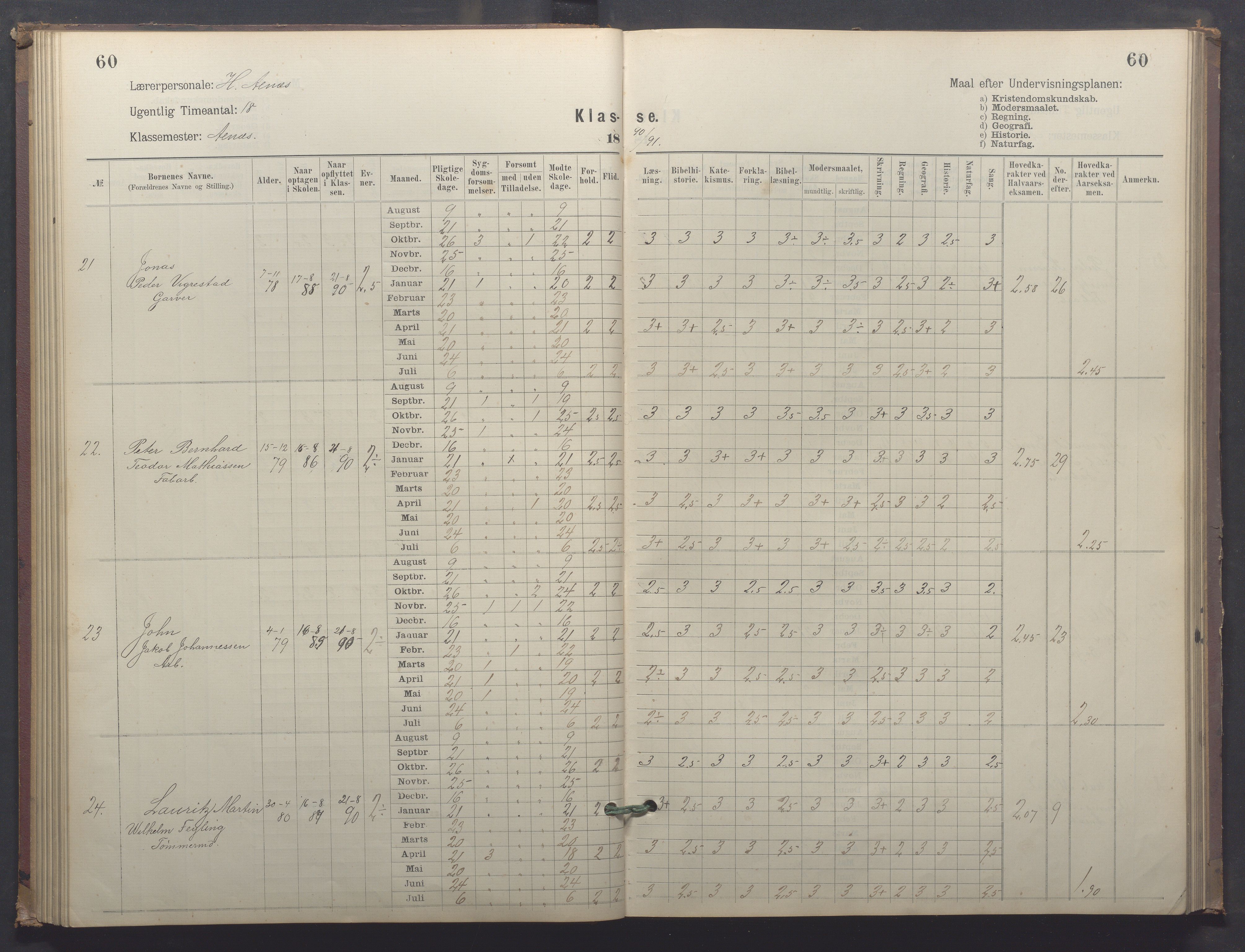 Egersund kommune (Ladested) - Egersund almueskole/folkeskole, IKAR/K-100521/H/L0025: Skoleprotokoll - Almueskolen, 4. klasse, 1887-1892, s. 60