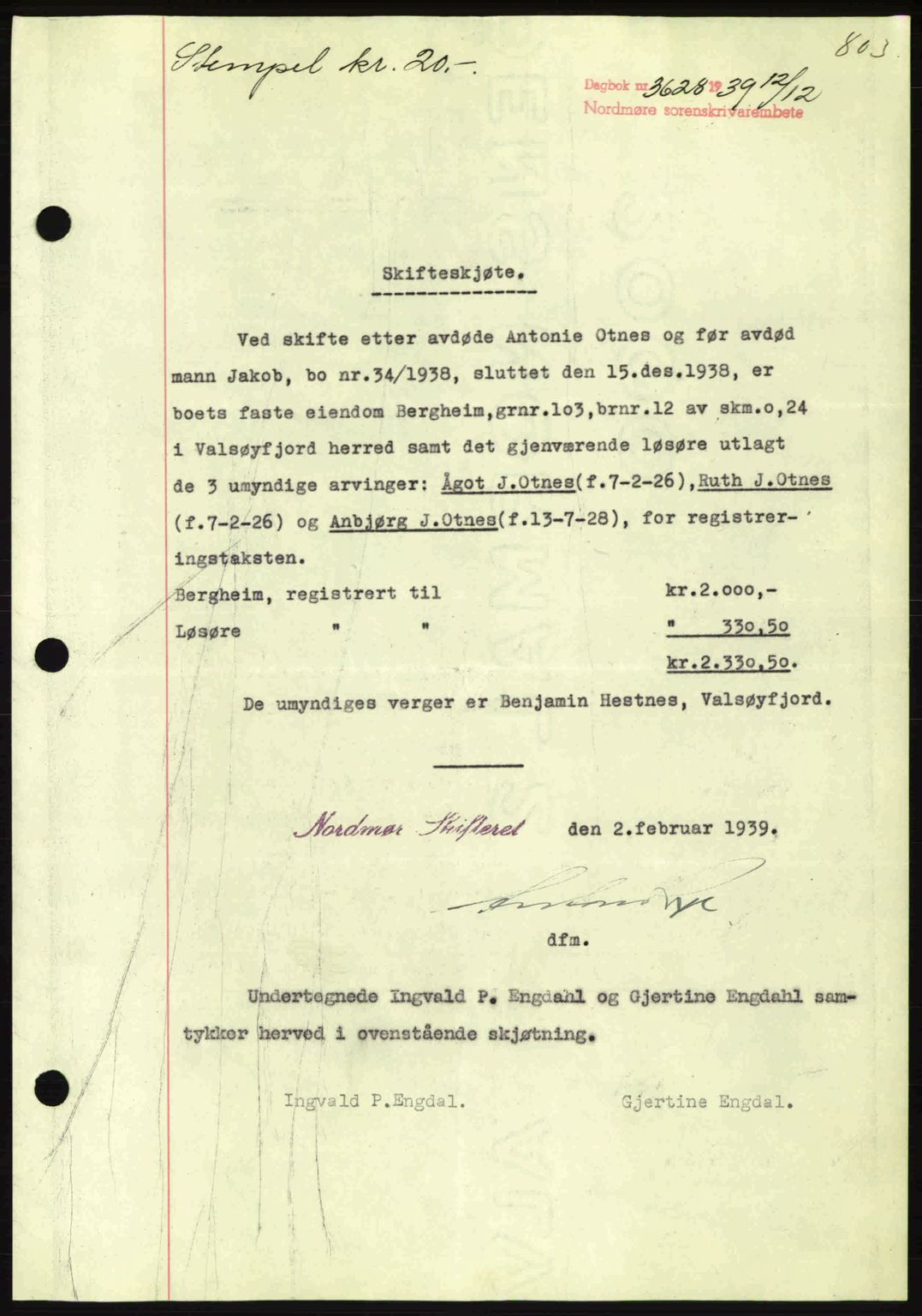 Nordmøre sorenskriveri, SAT/A-4132/1/2/2Ca: Pantebok nr. A87, 1939-1940, Dagboknr: 3628/1939