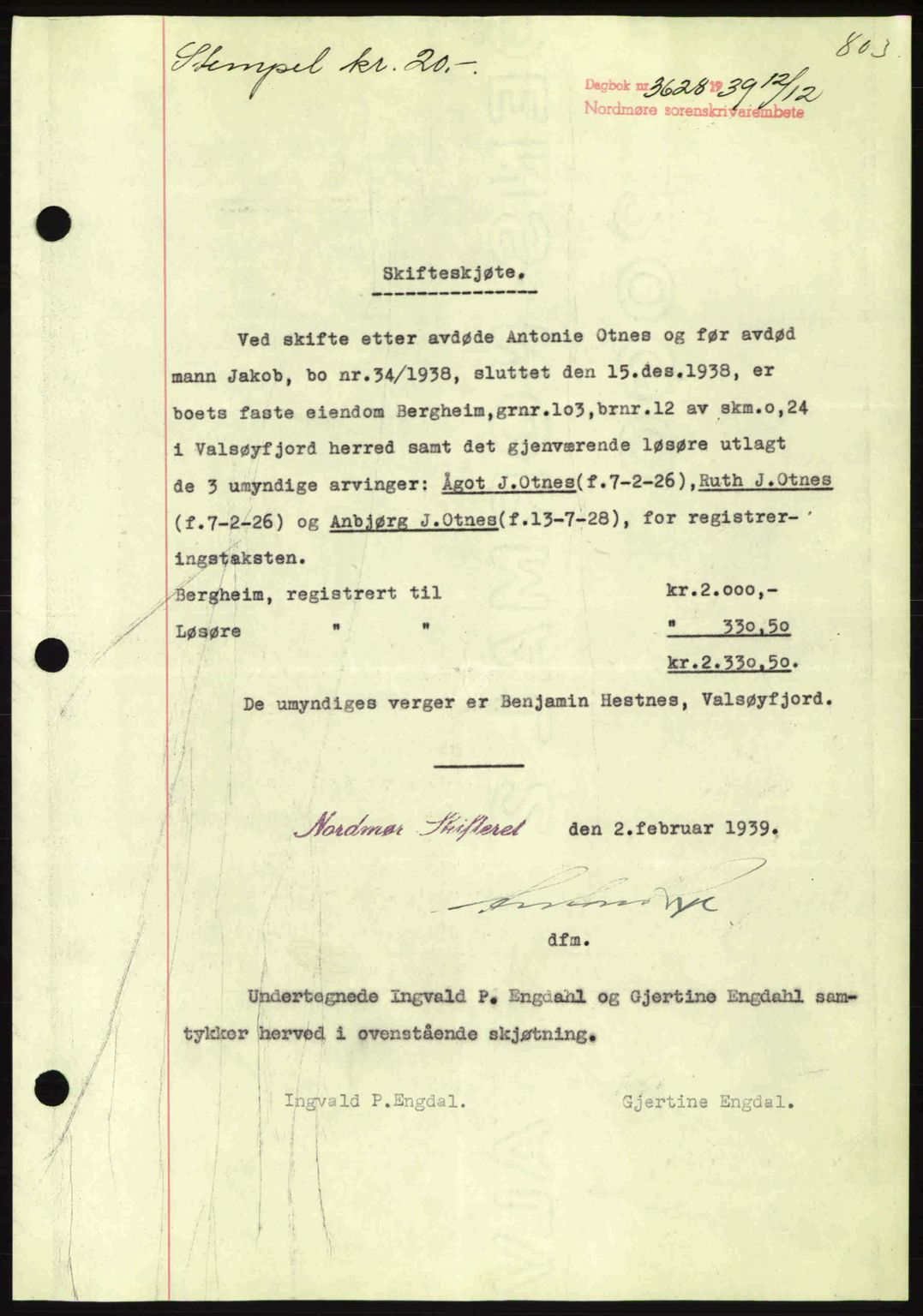 Nordmøre sorenskriveri, AV/SAT-A-4132/1/2/2Ca: Pantebok nr. A87, 1939-1940, Dagboknr: 3628/1939