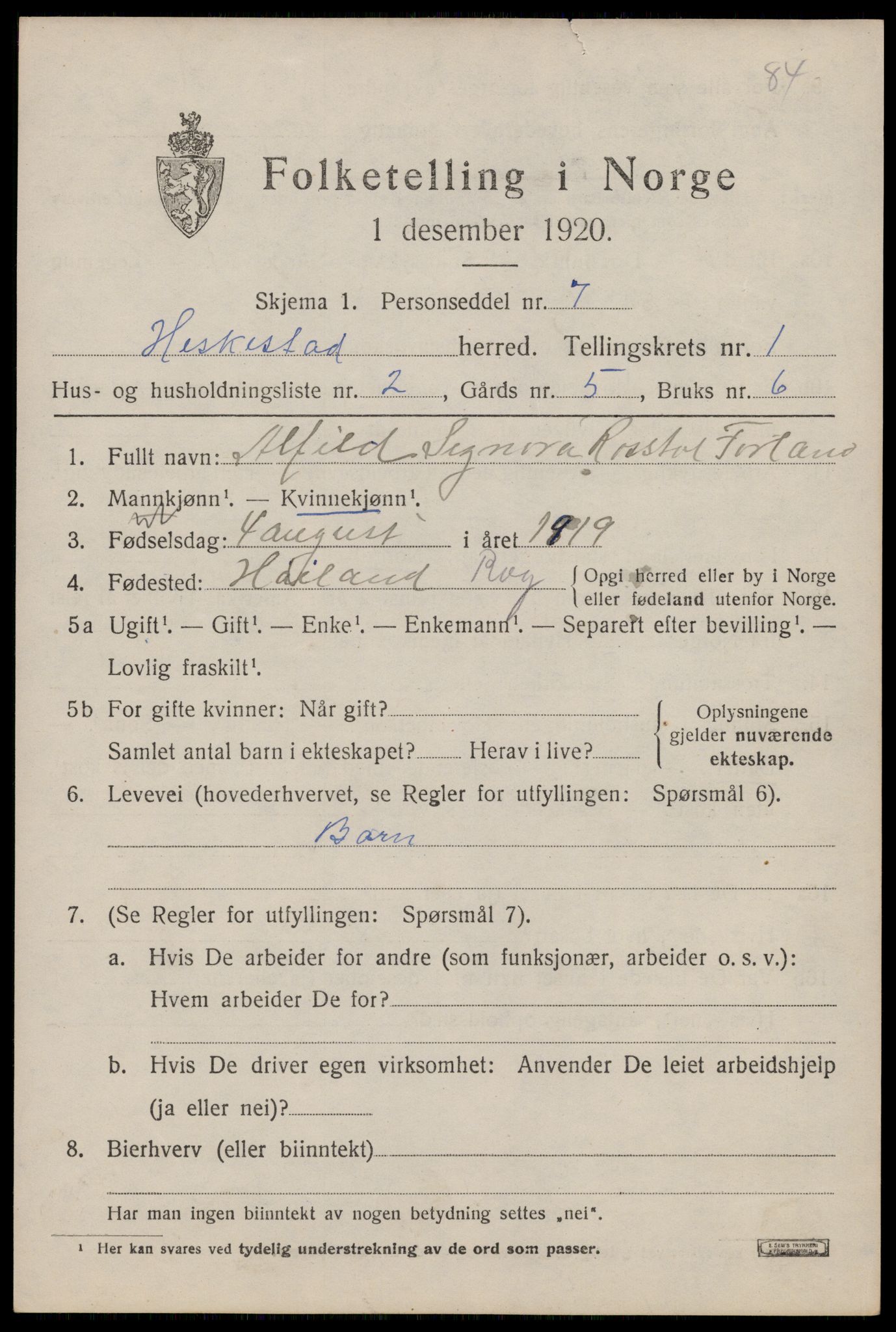 SAST, Folketelling 1920 for 1113 Heskestad herred, 1920, s. 391