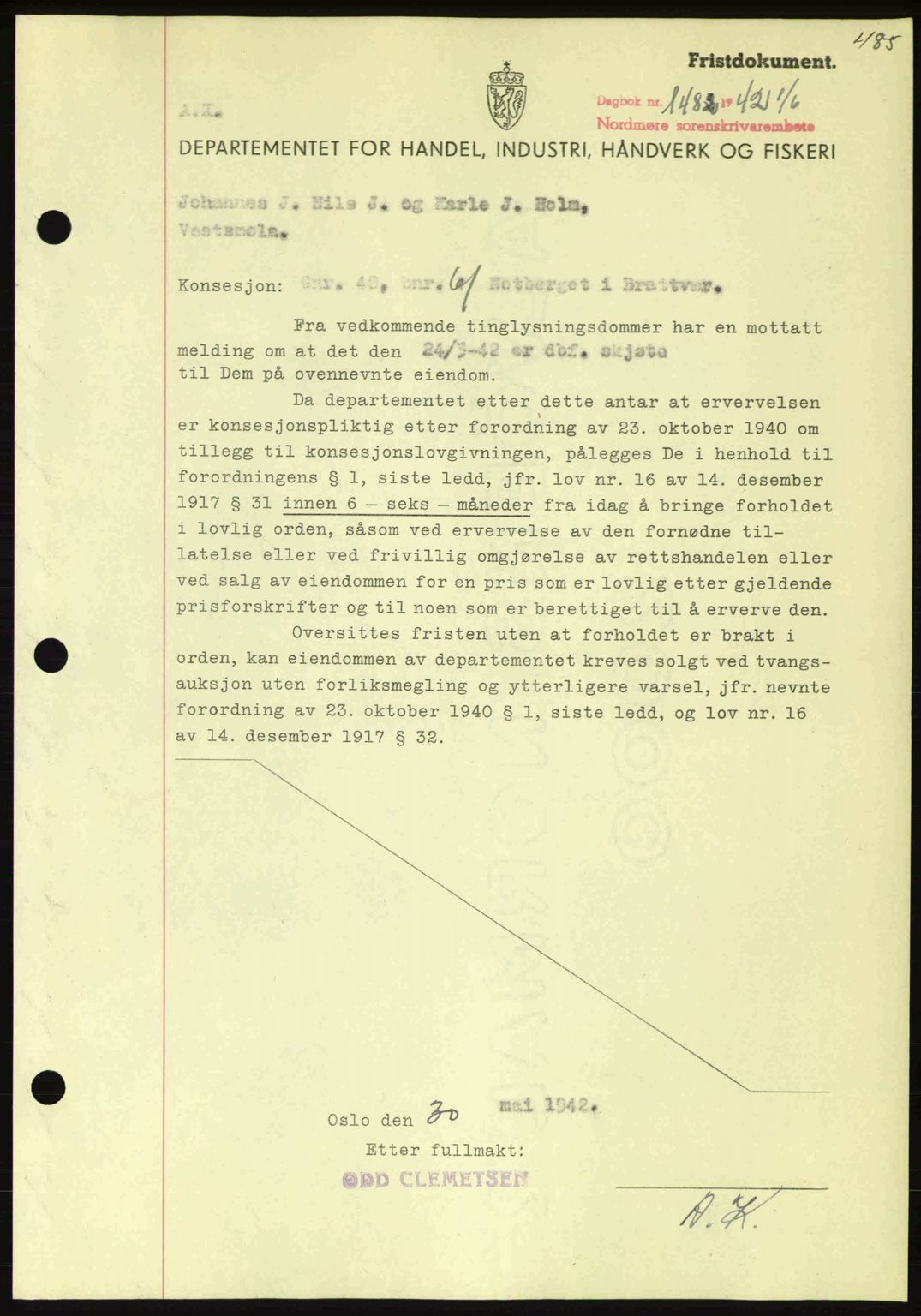 Nordmøre sorenskriveri, AV/SAT-A-4132/1/2/2Ca: Pantebok nr. B89, 1942-1942, Dagboknr: 1482/1942