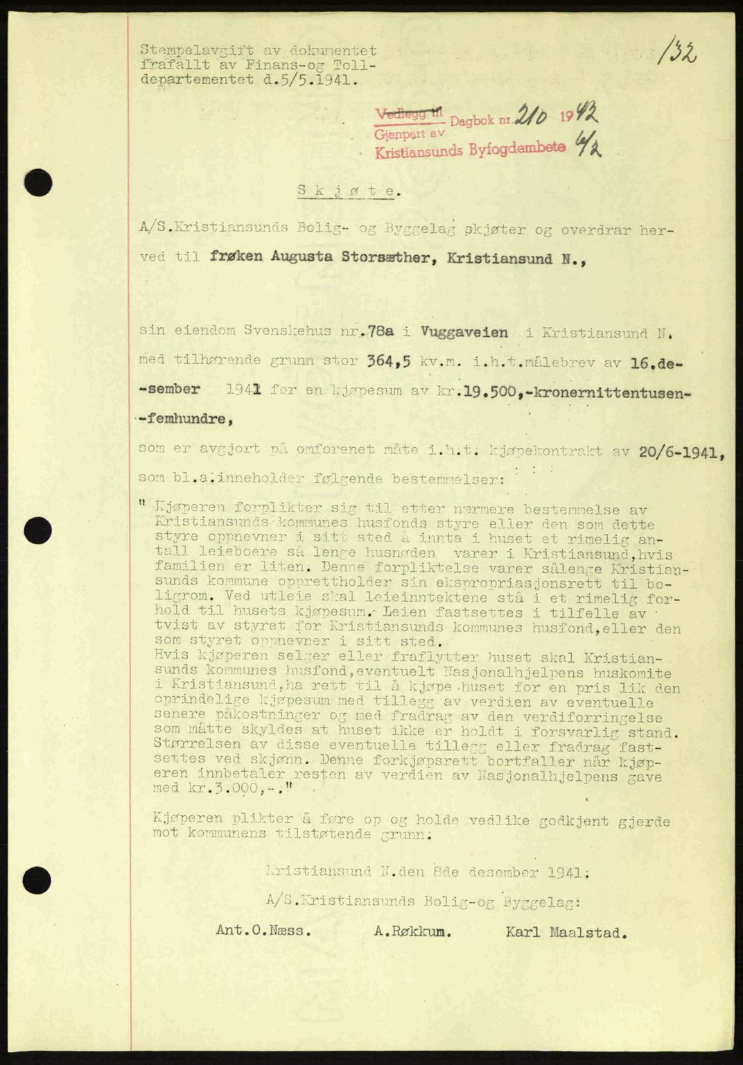 Kristiansund byfogd, AV/SAT-A-4587/A/27: Pantebok nr. 34, 1941-1945, Dagboknr: 210/1942