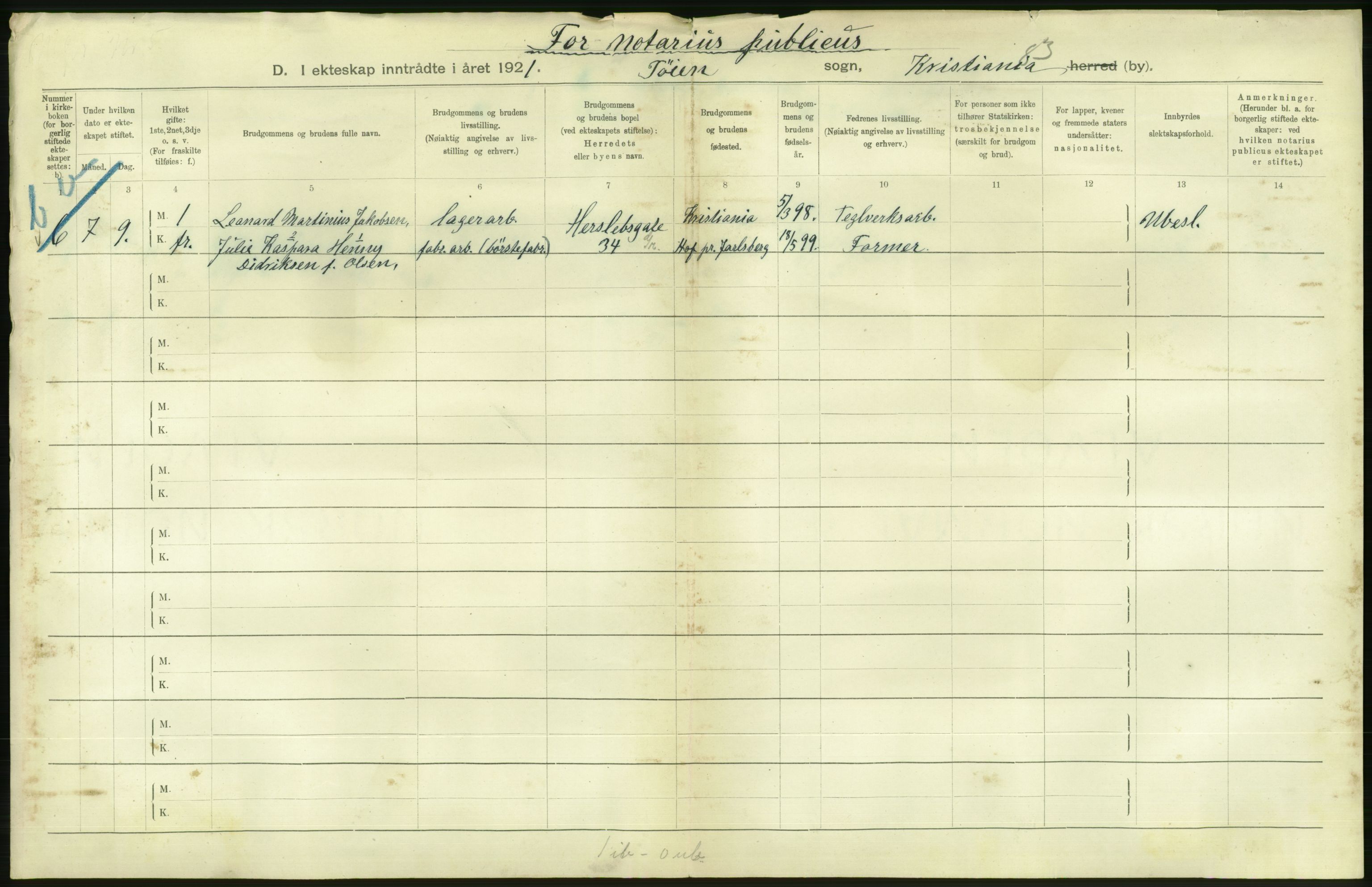 Statistisk sentralbyrå, Sosiodemografiske emner, Befolkning, AV/RA-S-2228/D/Df/Dfc/Dfca/L0011: Kristiania: Gifte, 1921, s. 840