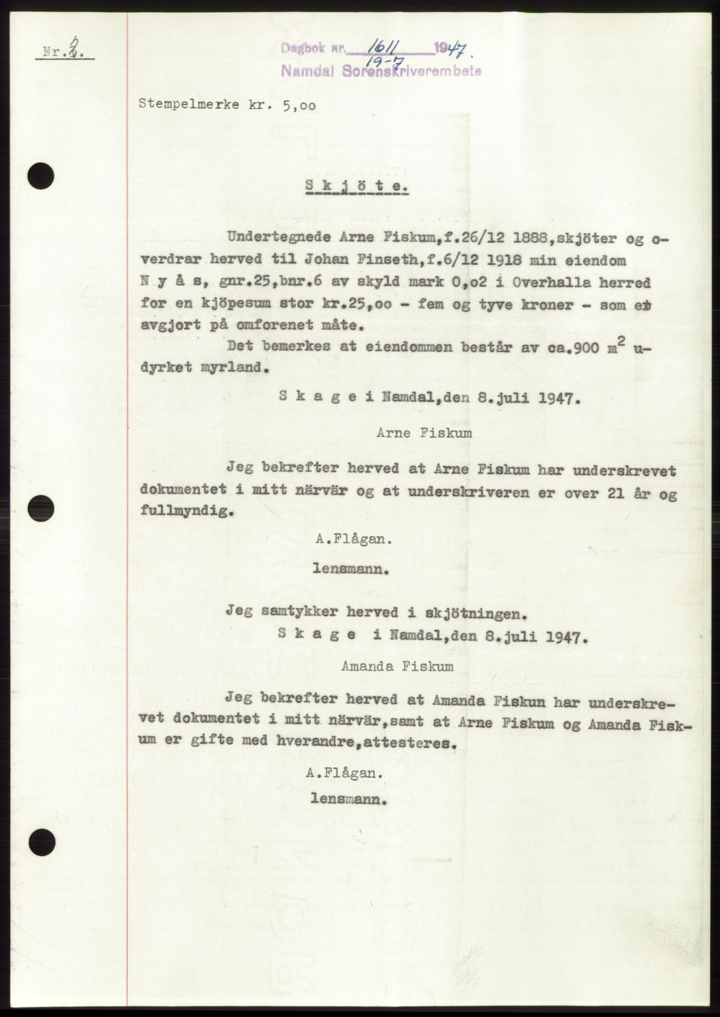 Namdal sorenskriveri, SAT/A-4133/1/2/2C: Pantebok nr. -, 1947-1947, Dagboknr: 1611/1947