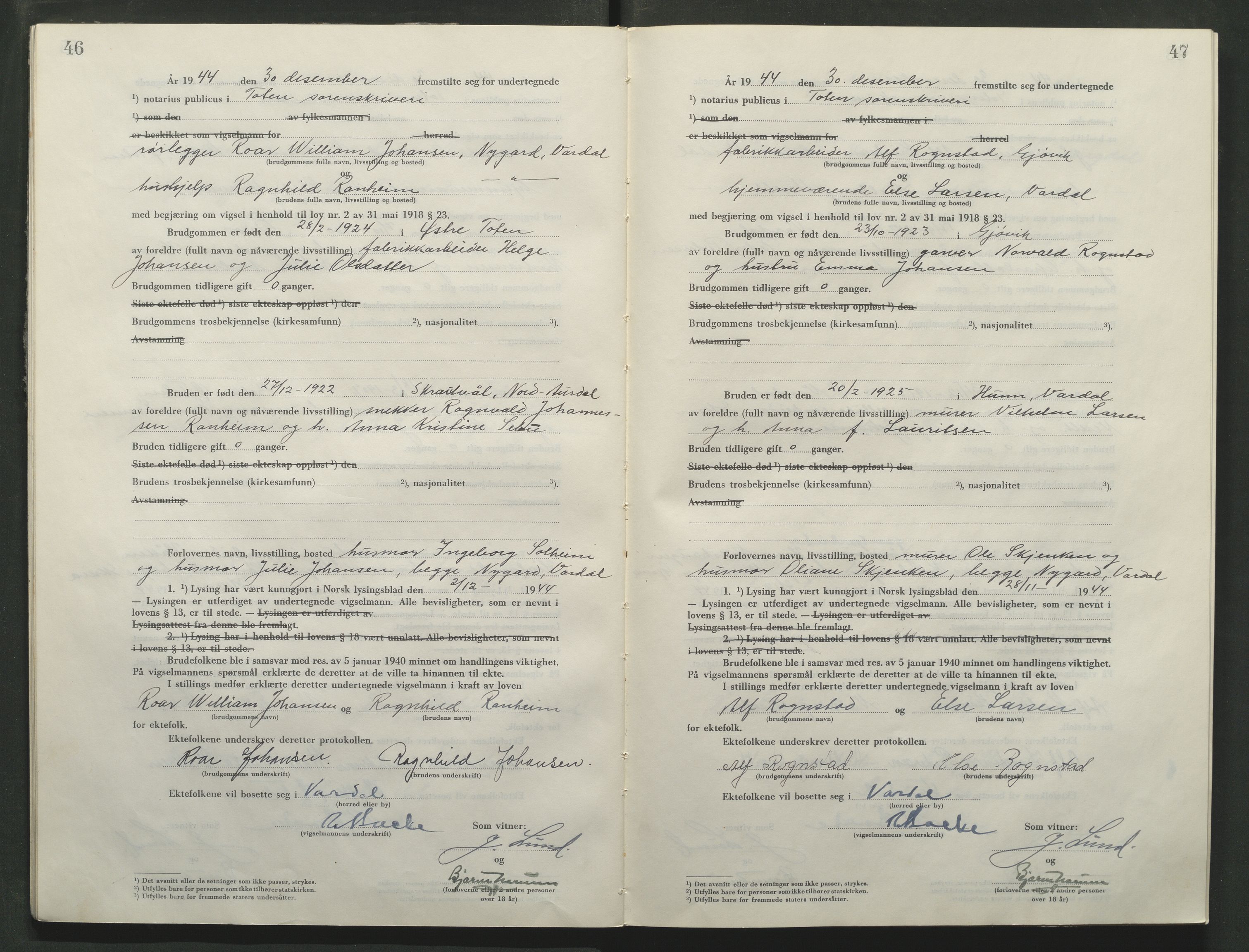 Toten tingrett, AV/SAH-TING-006/L/Lc/L0005: Vigselbok, 1944-1948, s. 46-47