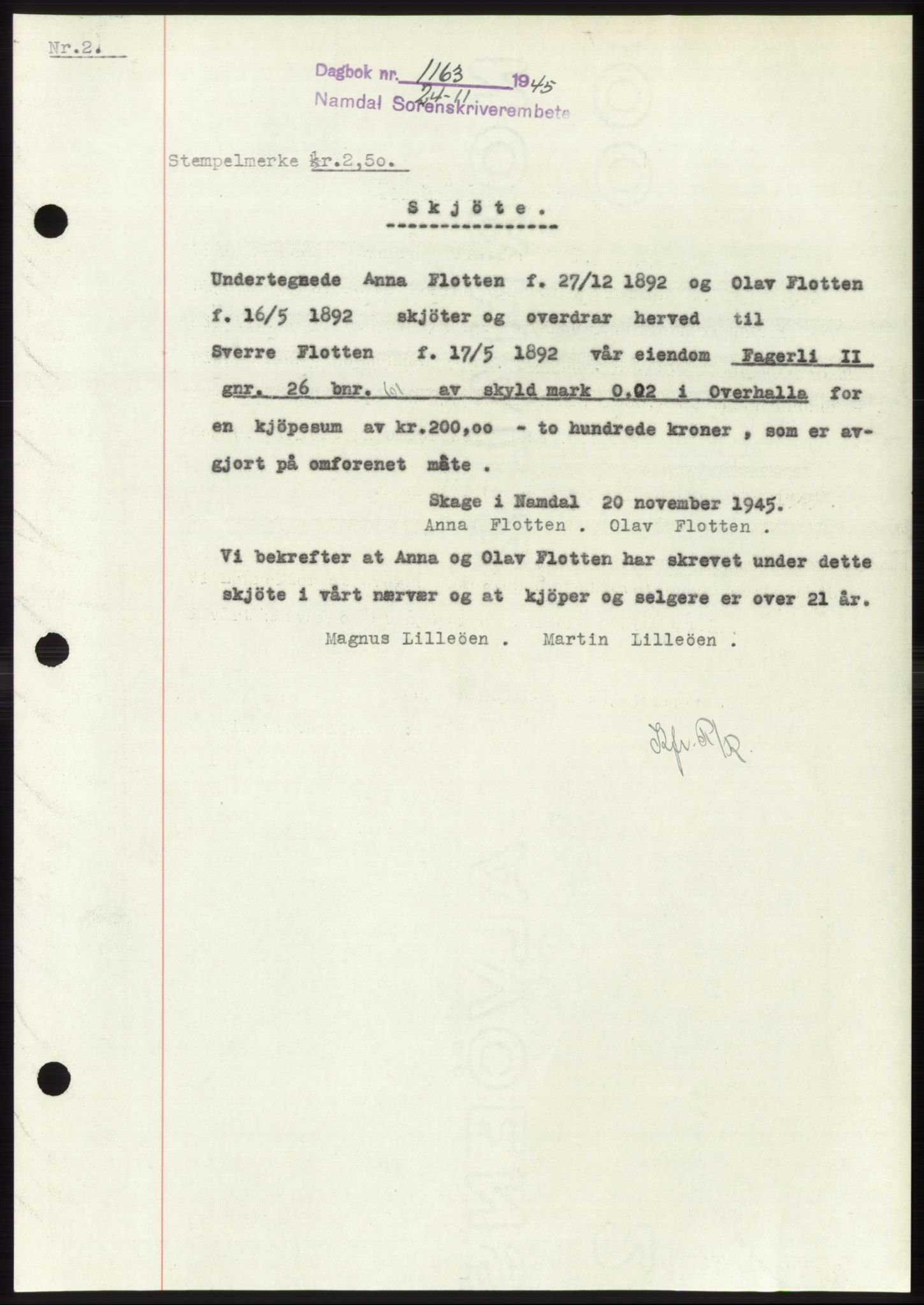 Namdal sorenskriveri, SAT/A-4133/1/2/2C: Pantebok nr. -, 1944-1945, Dagboknr: 1163/1945