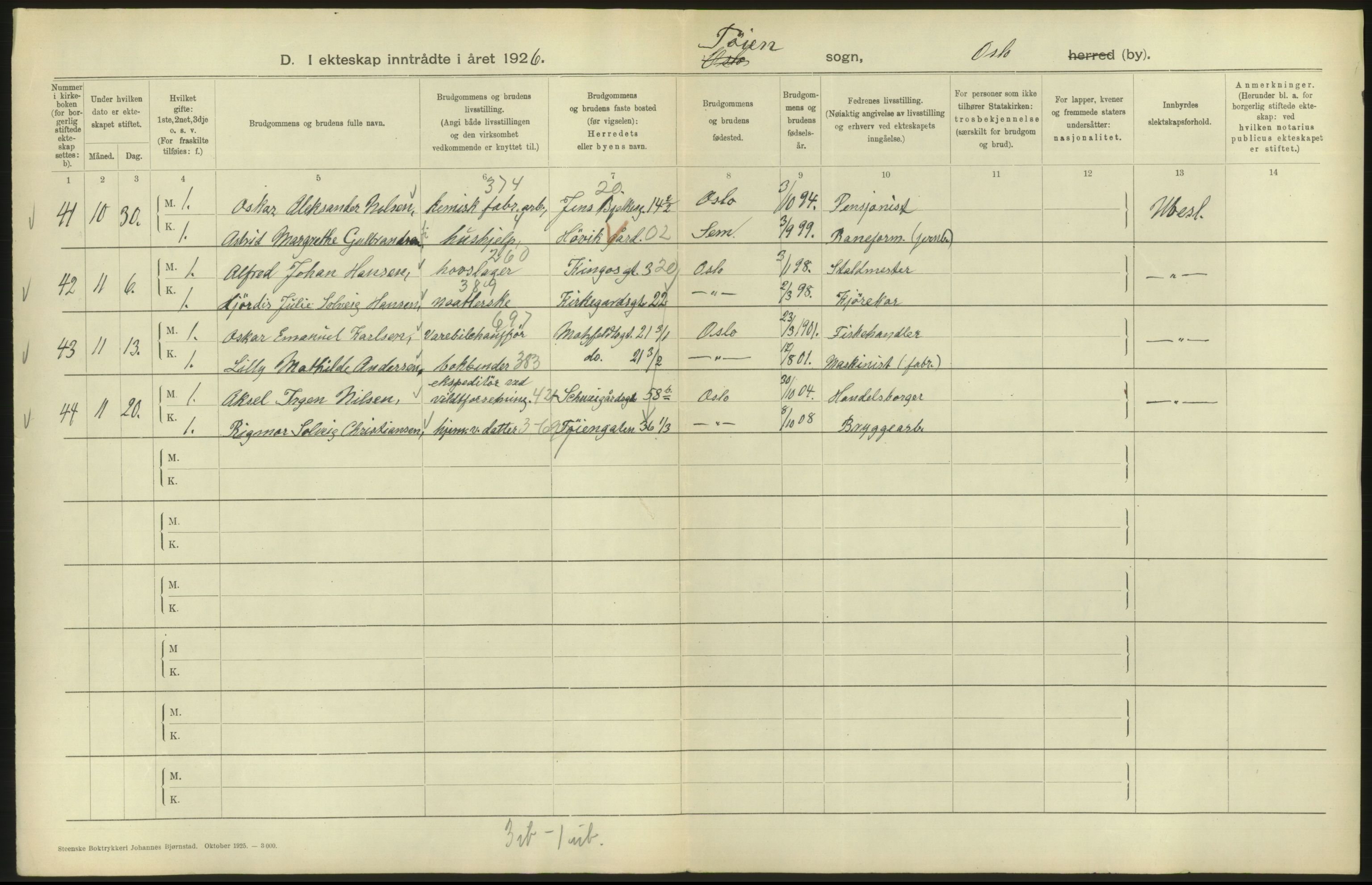 Statistisk sentralbyrå, Sosiodemografiske emner, Befolkning, AV/RA-S-2228/D/Df/Dfc/Dfcf/L0008: Oslo: Gifte, 1926, s. 720