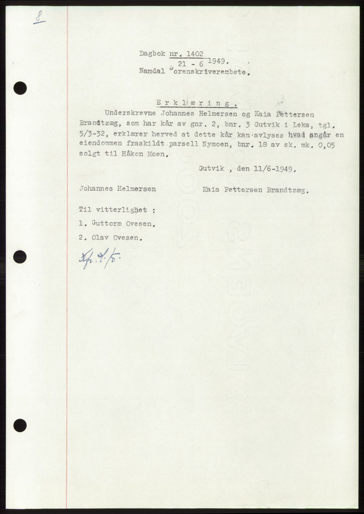 Namdal sorenskriveri, SAT/A-4133/1/2/2C: Pantebok nr. -, 1949-1949, Dagboknr: 1402/1949