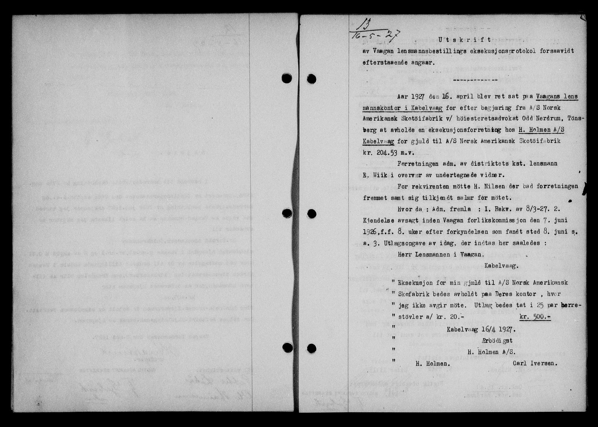 Lofoten sorenskriveri, SAT/A-0017/1/2/2C/L0015b: Pantebok nr. 15b, 1927-1927, Tingl.dato: 16.05.1927