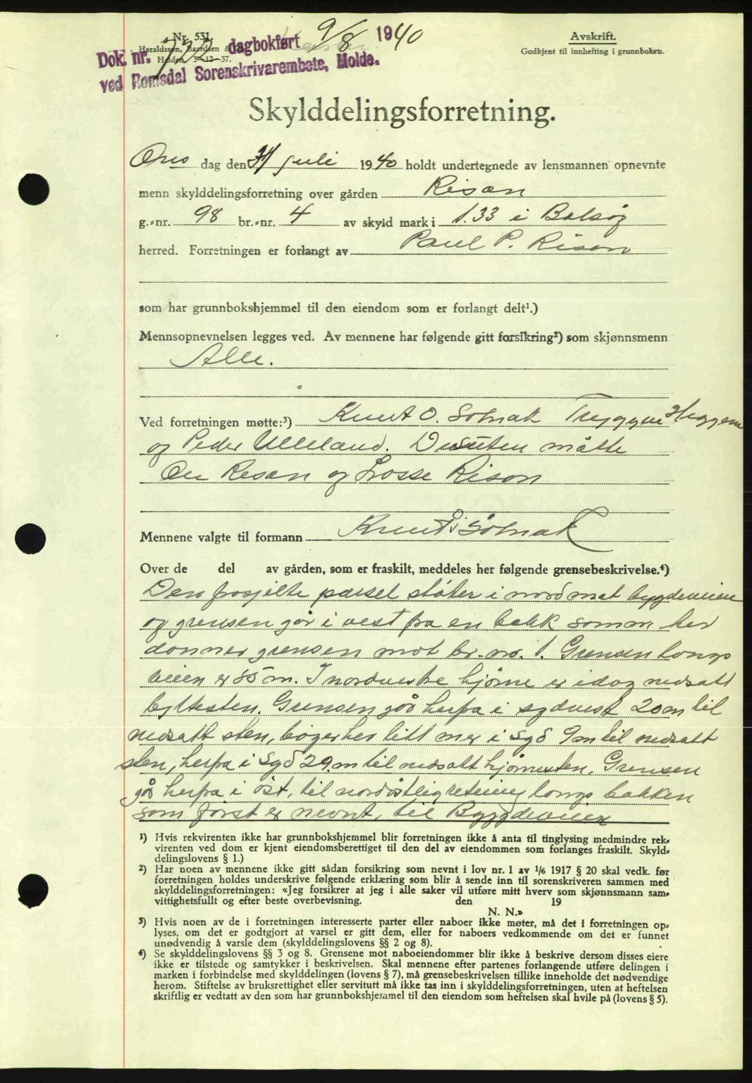 Romsdal sorenskriveri, AV/SAT-A-4149/1/2/2C: Pantebok nr. A8, 1939-1940, Dagboknr: 722/1940