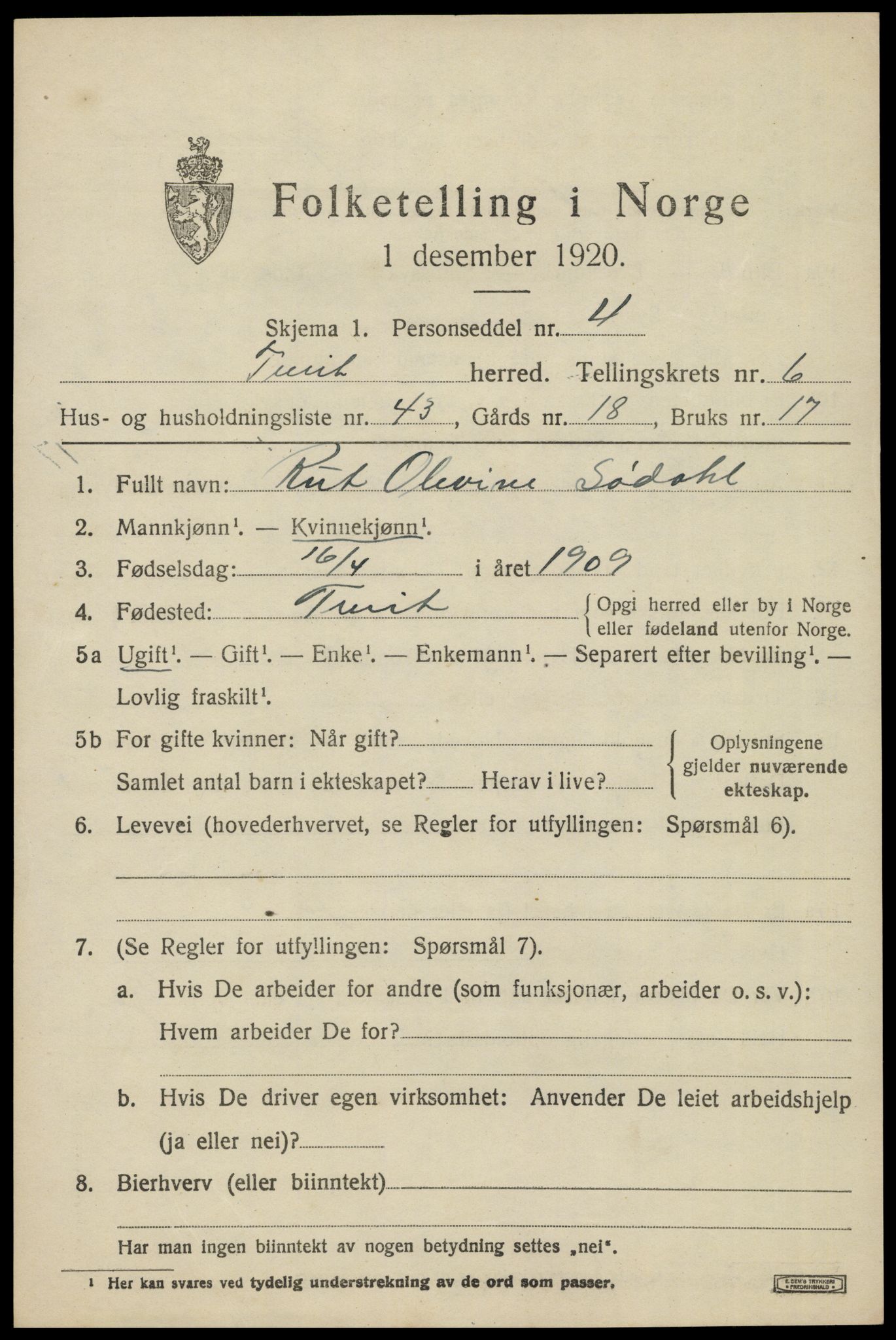 SAK, Folketelling 1920 for 1013 Tveit herred, 1920, s. 3172