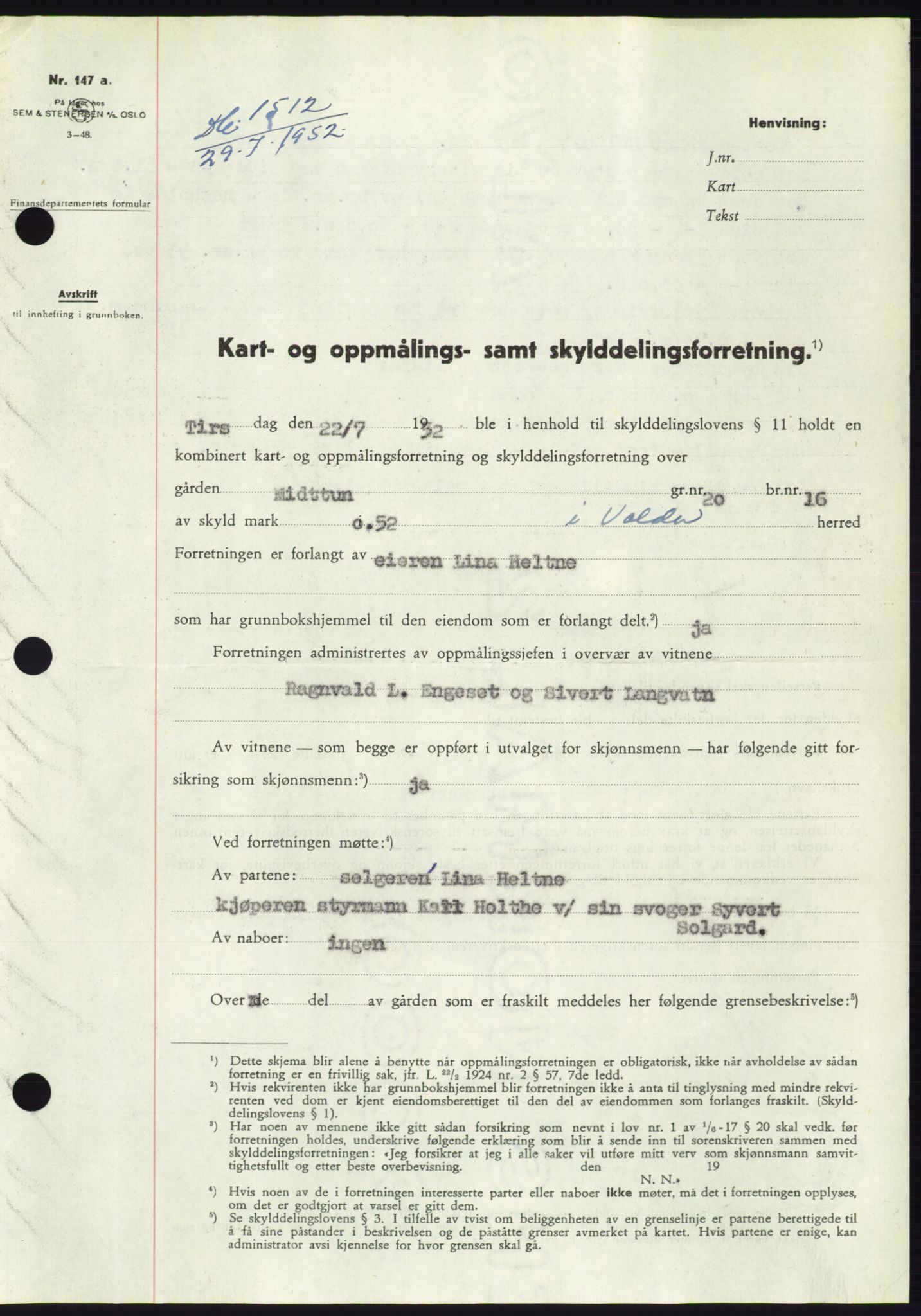 Søre Sunnmøre sorenskriveri, AV/SAT-A-4122/1/2/2C/L0092: Pantebok nr. 18A, 1952-1952, Dagboknr: 1512/1952