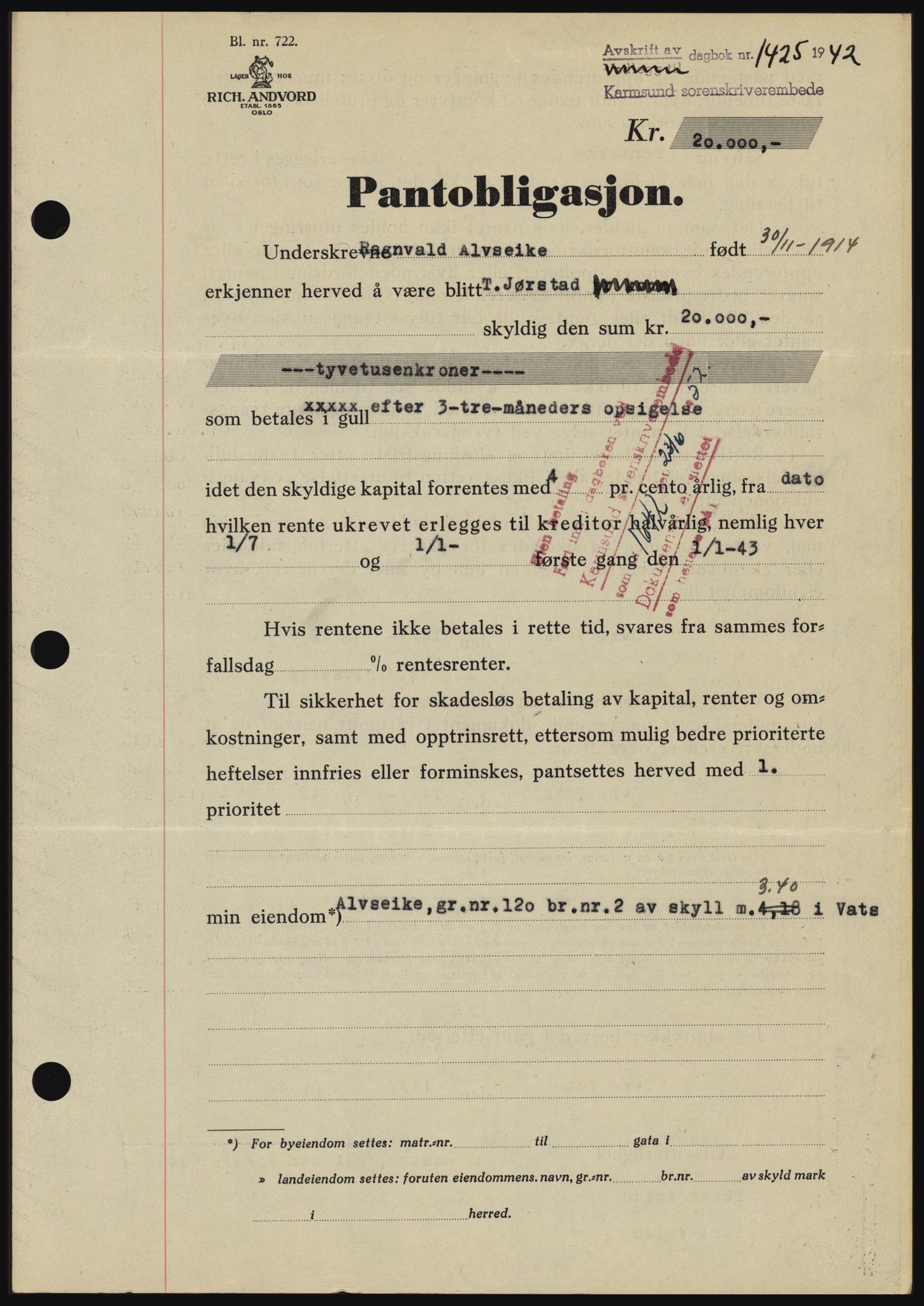 Karmsund sorenskriveri, SAST/A-100311/01/II/IIBBE/L0008: Pantebok nr. B 54, 1942-1943, Dagboknr: 1425/1942