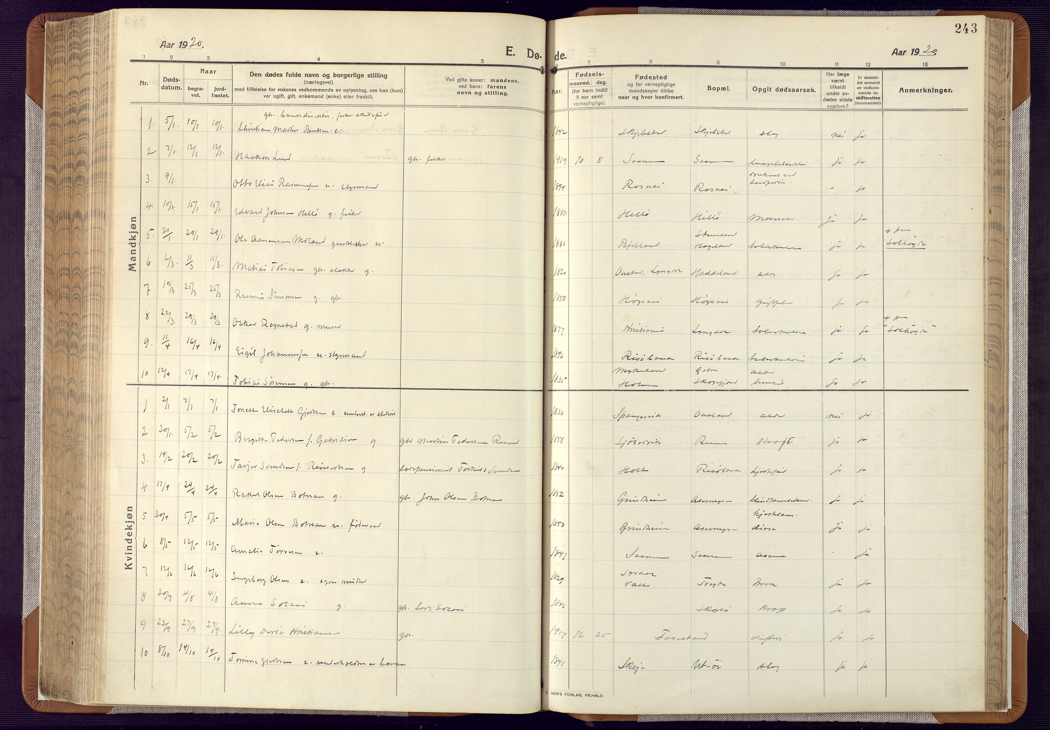 Mandal sokneprestkontor, SAK/1111-0030/F/Fa/Faa/L0022: Ministerialbok nr. A 22, 1913-1925, s. 243